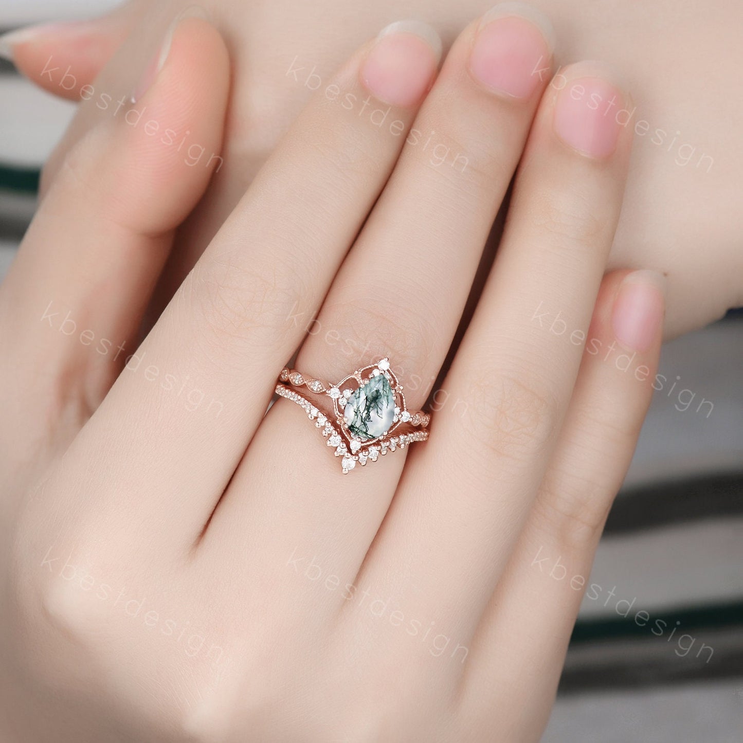 Vintage moss agate engagement ring set rose gold green moss agate ring unique curved Moissanite stacking band pear shaped bridal wedding set