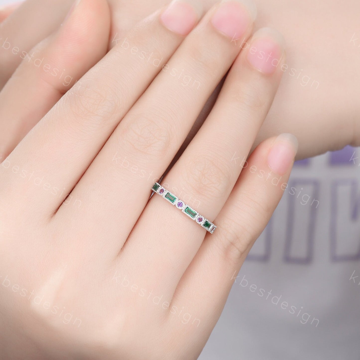 Art Deco Emerald wedding band solid 14k Yellow gold emerald amethyst wedding band vintage baguette Stacking ring women Anniversary band