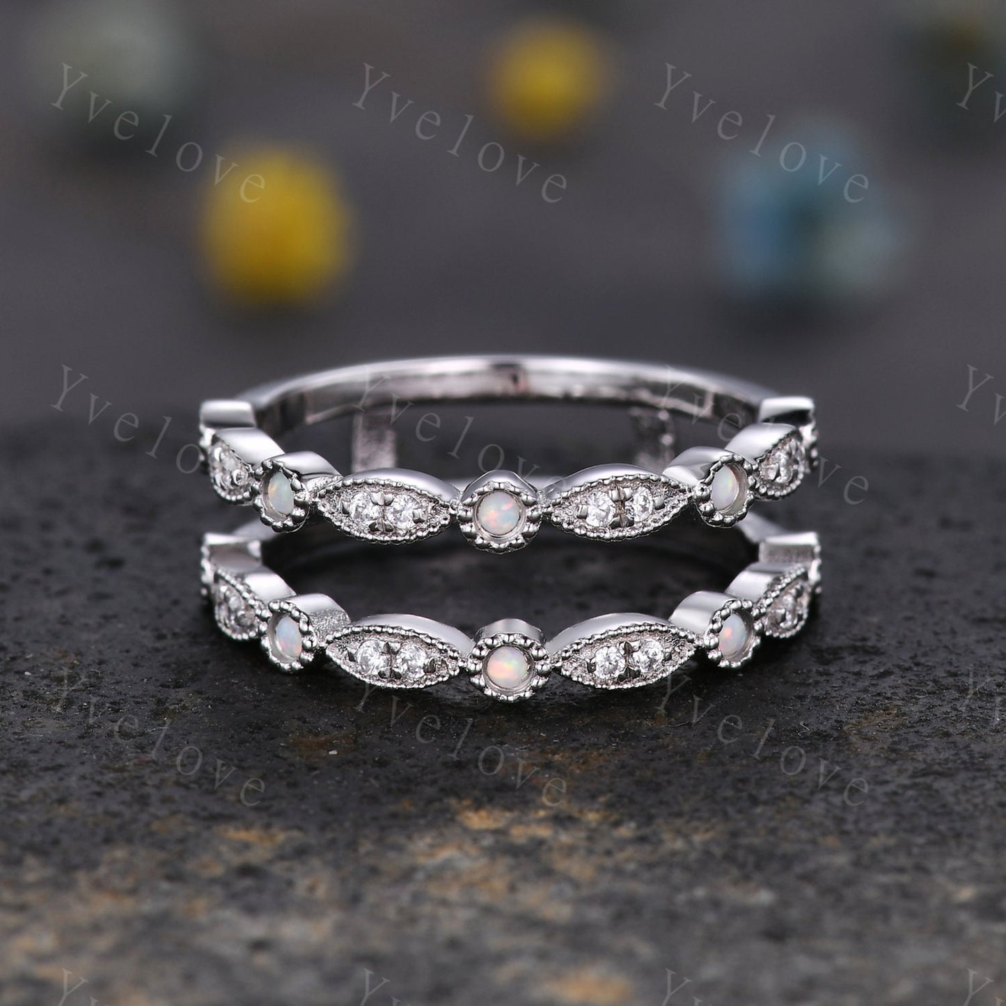 Opal Moissanite ring wrap ring guard enhancer ring art deco opal wedding band milgrain style ring 14k solid gold matching stacking band