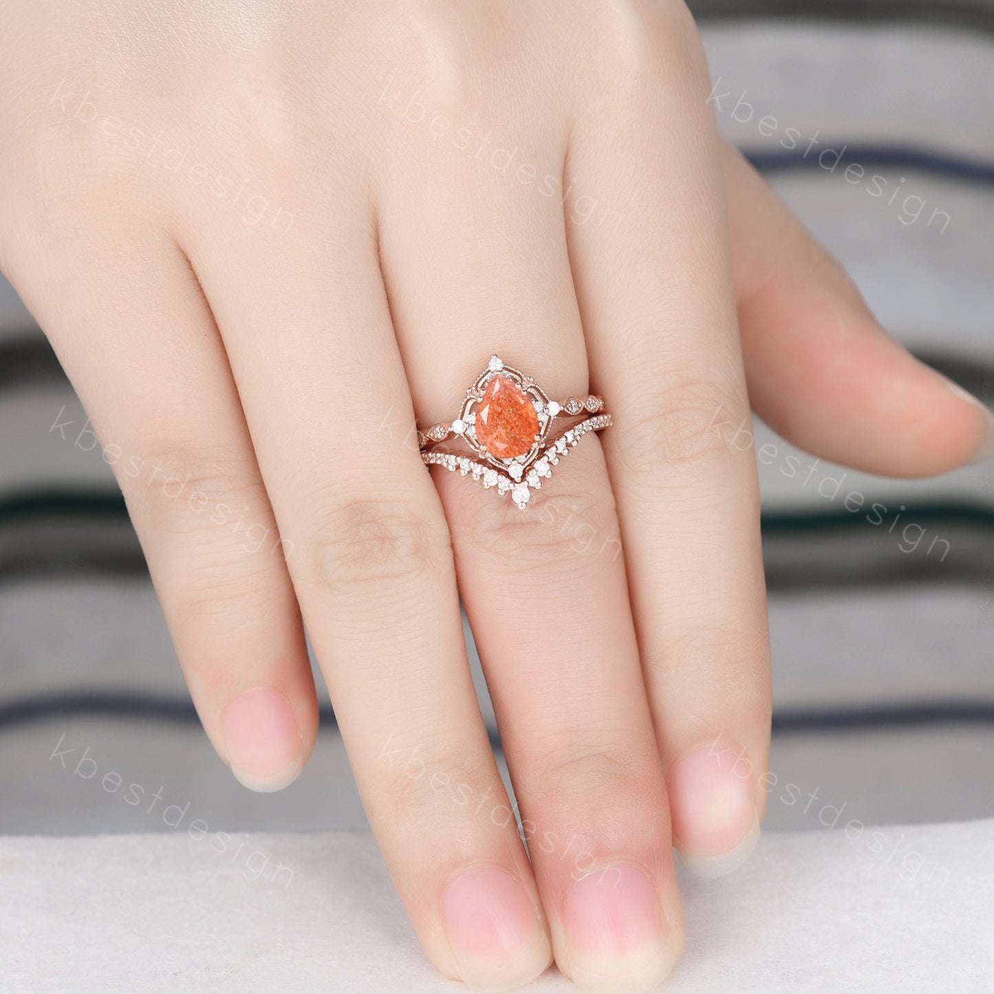 Vintage Sunstone engagement ring rose gold ring art deco curved stacking band pear cut bridal set unique moissanite wedding ring set