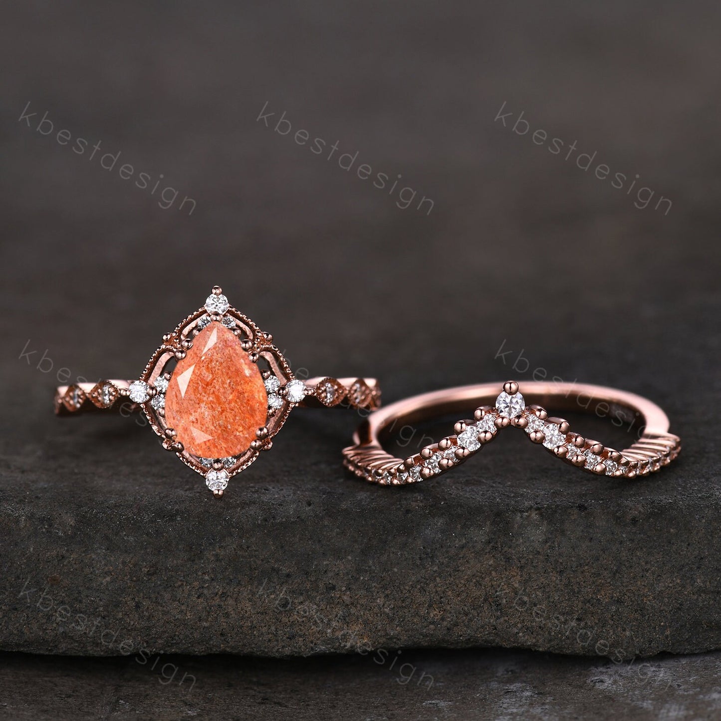 Vintage Sunstone engagement ring rose gold ring art deco curved stacking band pear cut bridal set unique moissanite wedding ring set