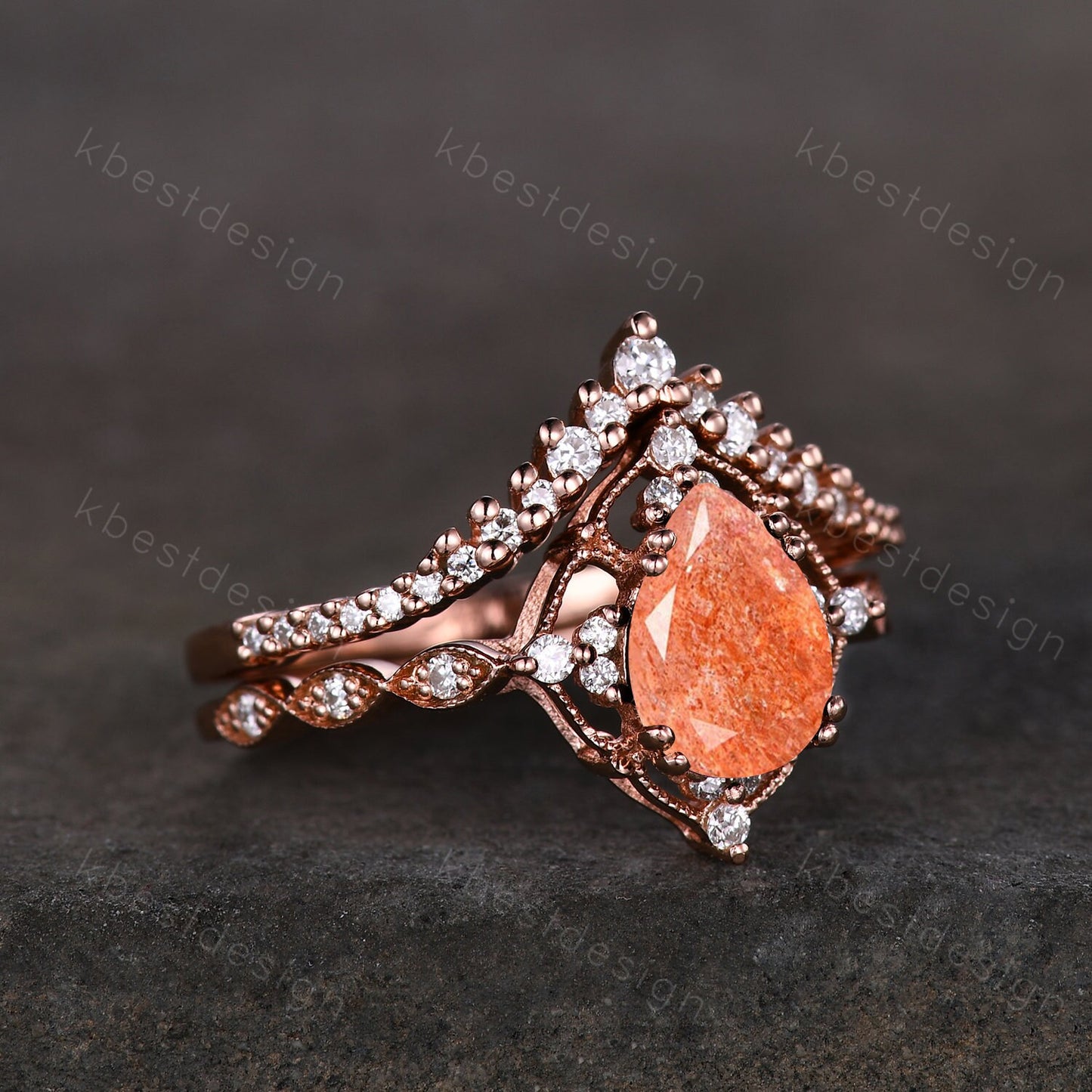 Vintage Sunstone engagement ring rose gold ring art deco curved stacking band pear cut bridal set unique moissanite wedding ring set
