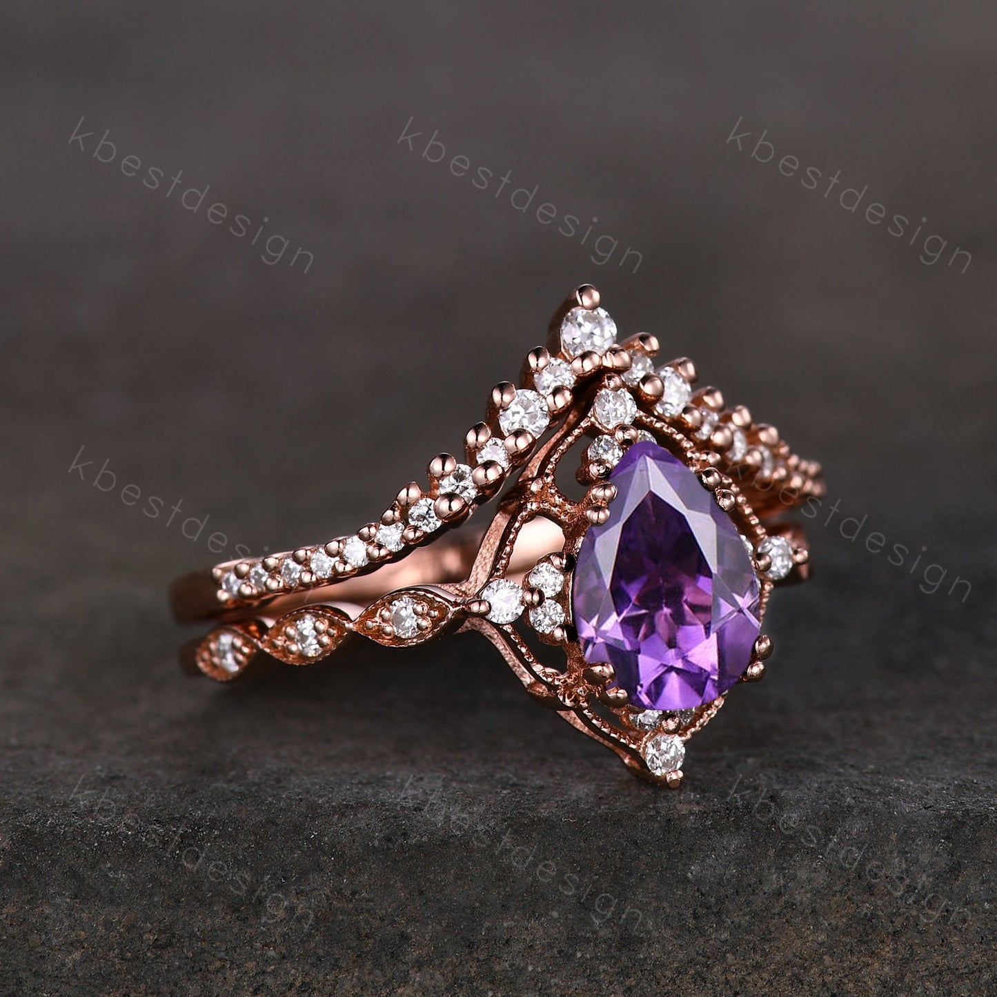 14K Rose Gold Amethyst Engagement Ring Set Vintage Pear Amethyst Bridal Set Unique Curved Moissanite Wedding Ring Anniversary Promise Gift