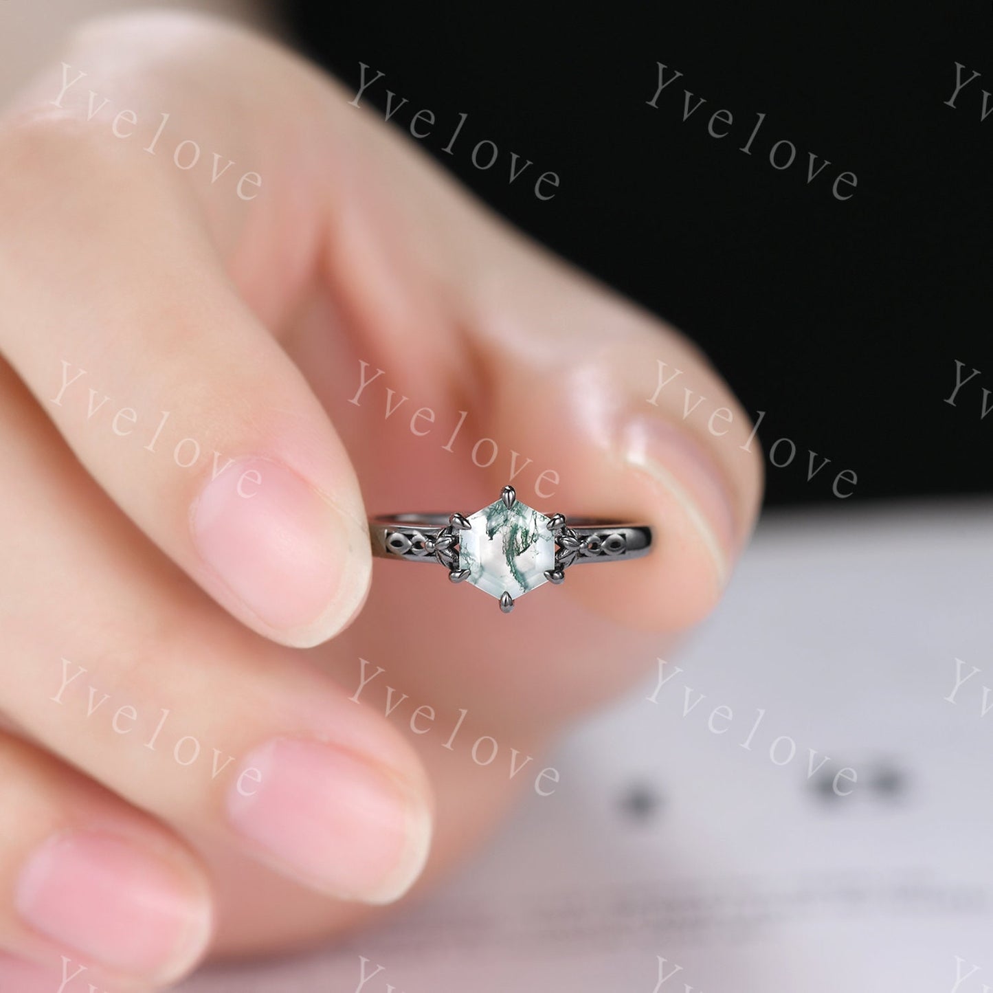 Hexagon Shaped Moss Agate Engagement Ring Set 925 Silver Vintage Moss Agate Wedding Ring Enhancer Band Art Deco Bridal Ring Set For Women