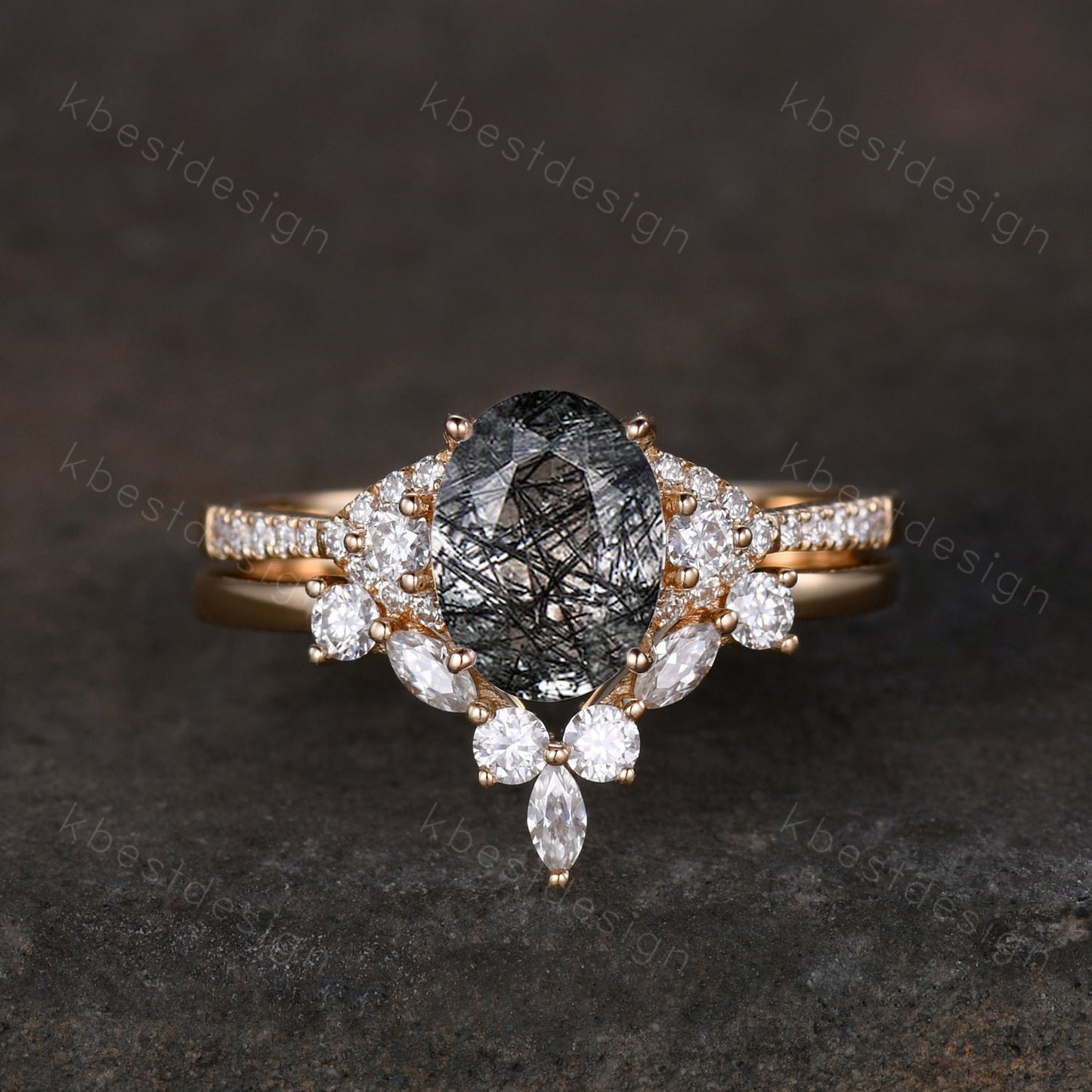 Vintage black rutilated quartz engagement ring 14k yellow gold oval cut ring art deco curved stacking band unique moissanite bridal ring set