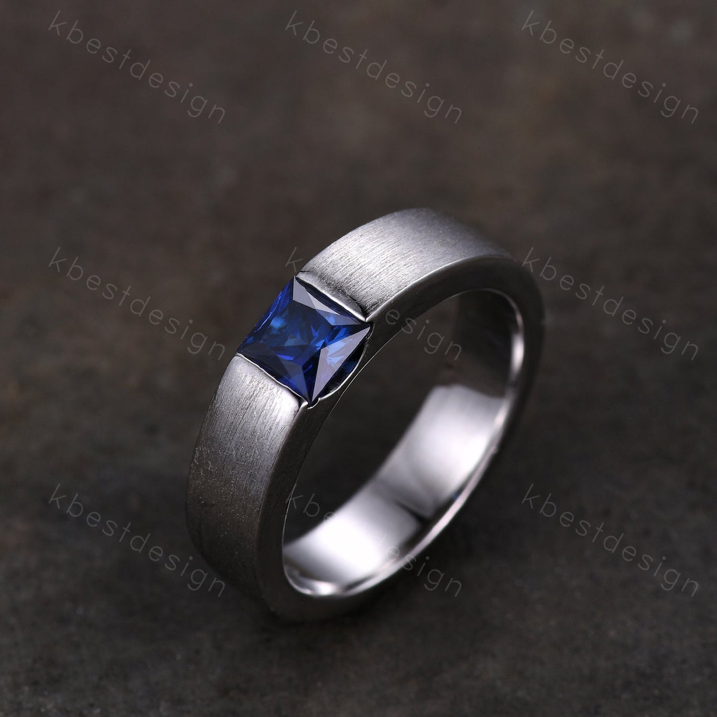 Sapphire Mens Wedding Ring 5mm Princess cut Blue Sapphire Mens Ring Brushed Finish Band September Ring for Him Mens White Gold Ring