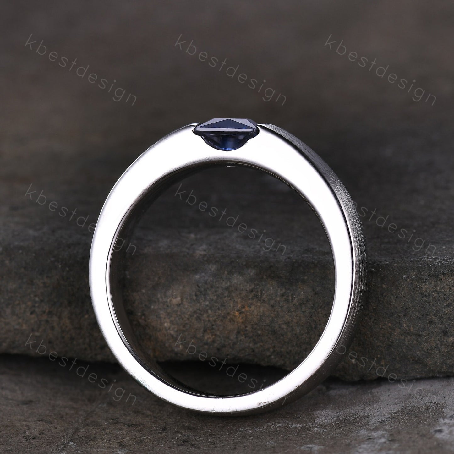 Sapphire Mens Wedding Ring 5mm Princess cut Blue Sapphire Mens Ring Brushed Finish Band September Ring for Him Mens White Gold Ring