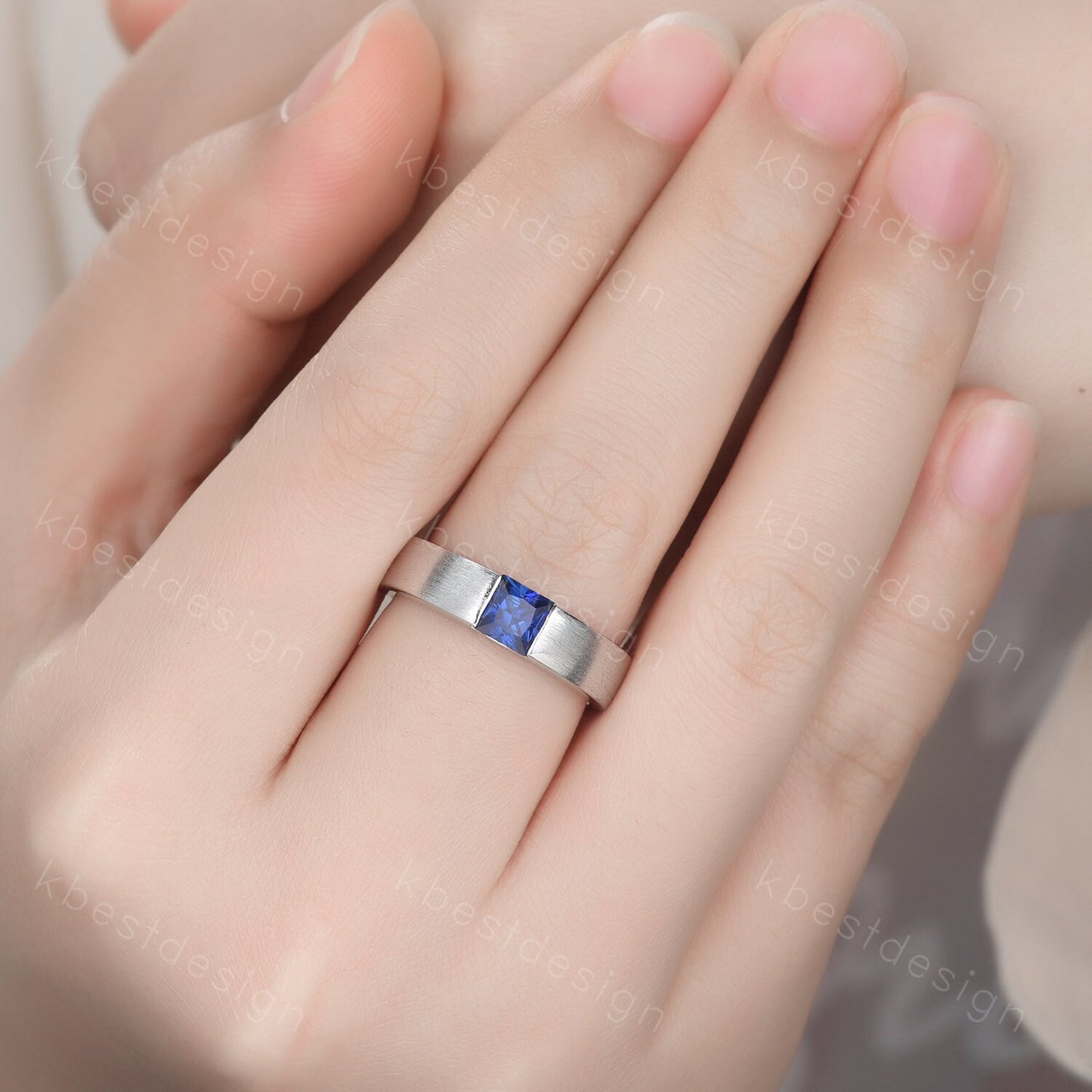 Sapphire Mens Wedding Ring 5mm Princess cut Blue Sapphire Mens Ring Brushed Finish Band September Ring for Him Mens White Gold Ring