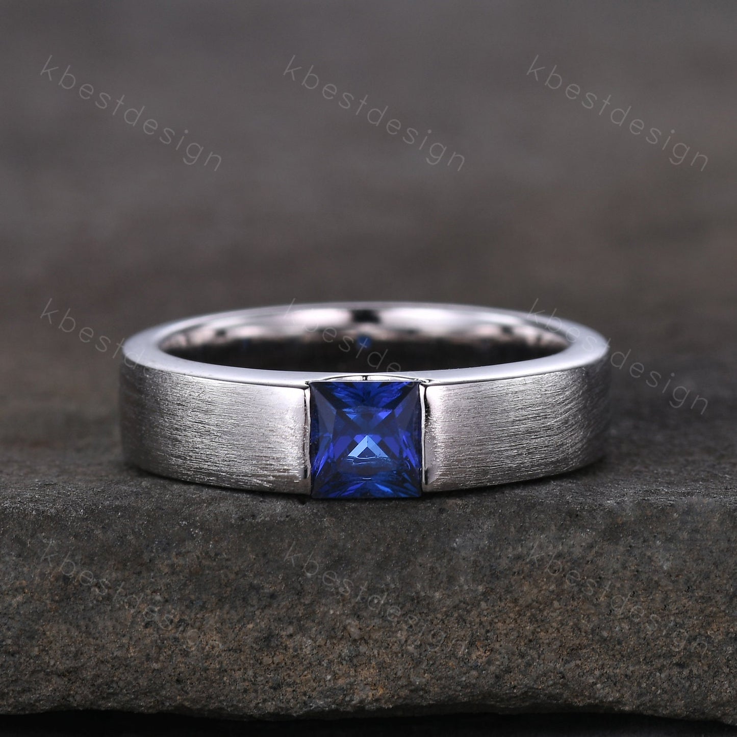 Sapphire Mens Wedding Ring 5mm Princess cut Blue Sapphire Mens Ring Brushed Finish Band September Ring for Him Mens White Gold Ring