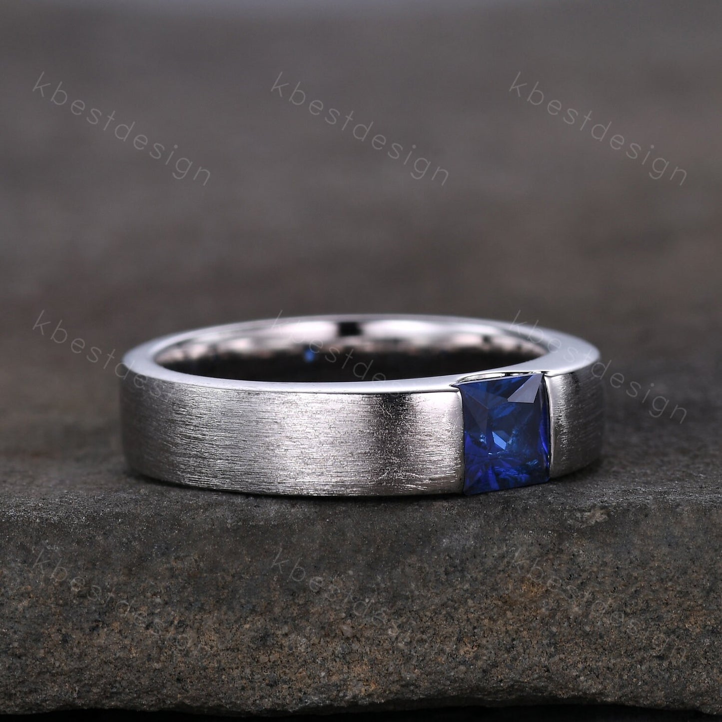 Sapphire Mens Wedding Ring 5mm Princess cut Blue Sapphire Mens Ring Brushed Finish Band September Ring for Him Mens White Gold Ring