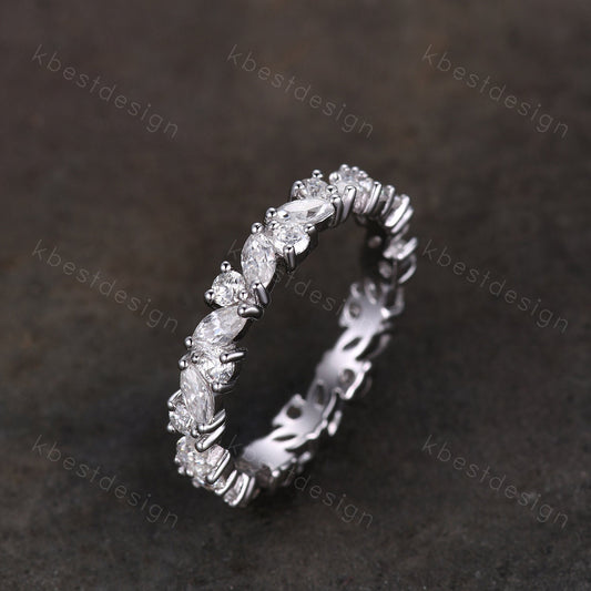 Unique Moissanite wedding band women Marquise cut eternity band White gold wedding band vintage Stacking Matching bridal ring promise ring