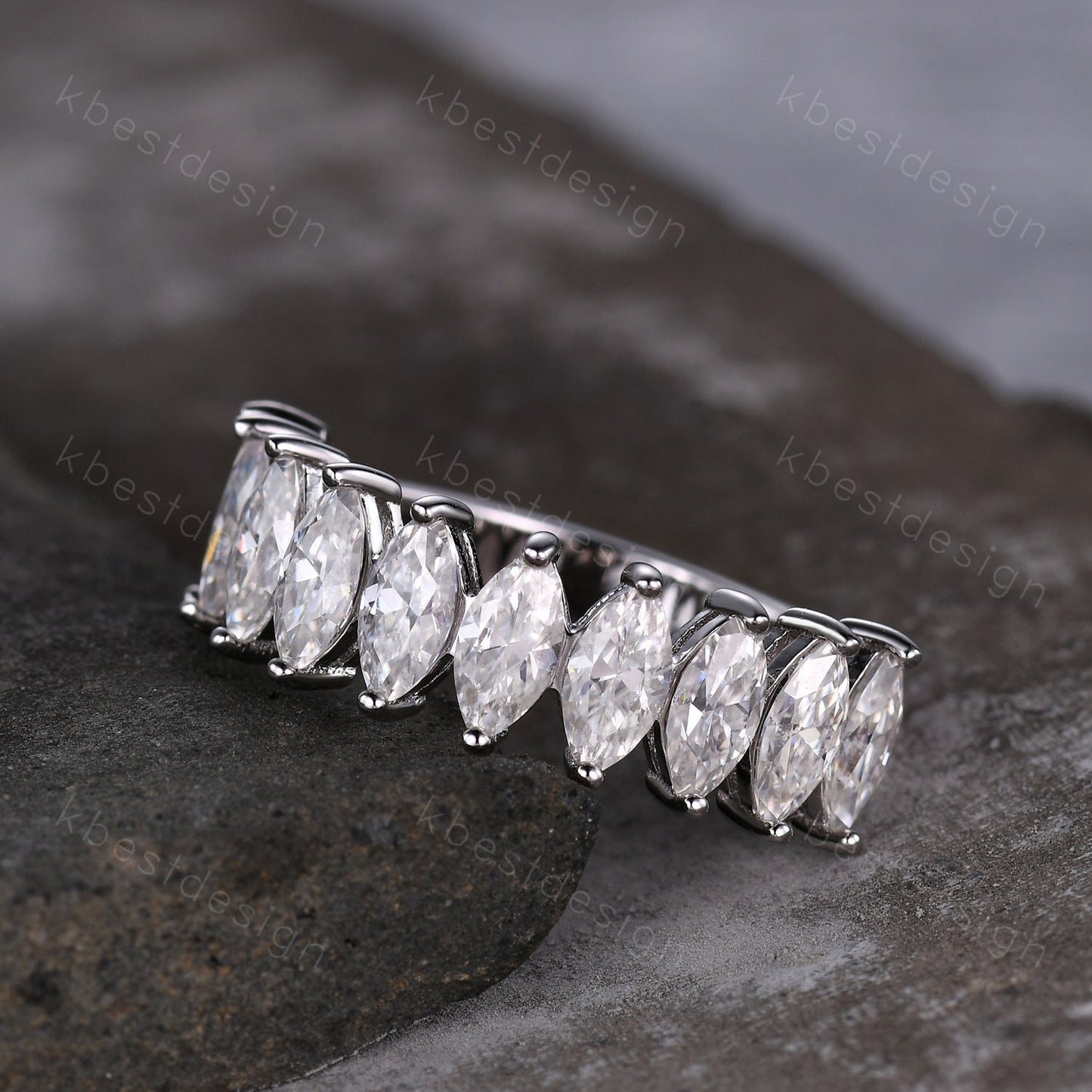Vintage Moissanite wedding band women Marquise cut Half eternity band White gold wedding band unique Stacking bridal ring promise ring
