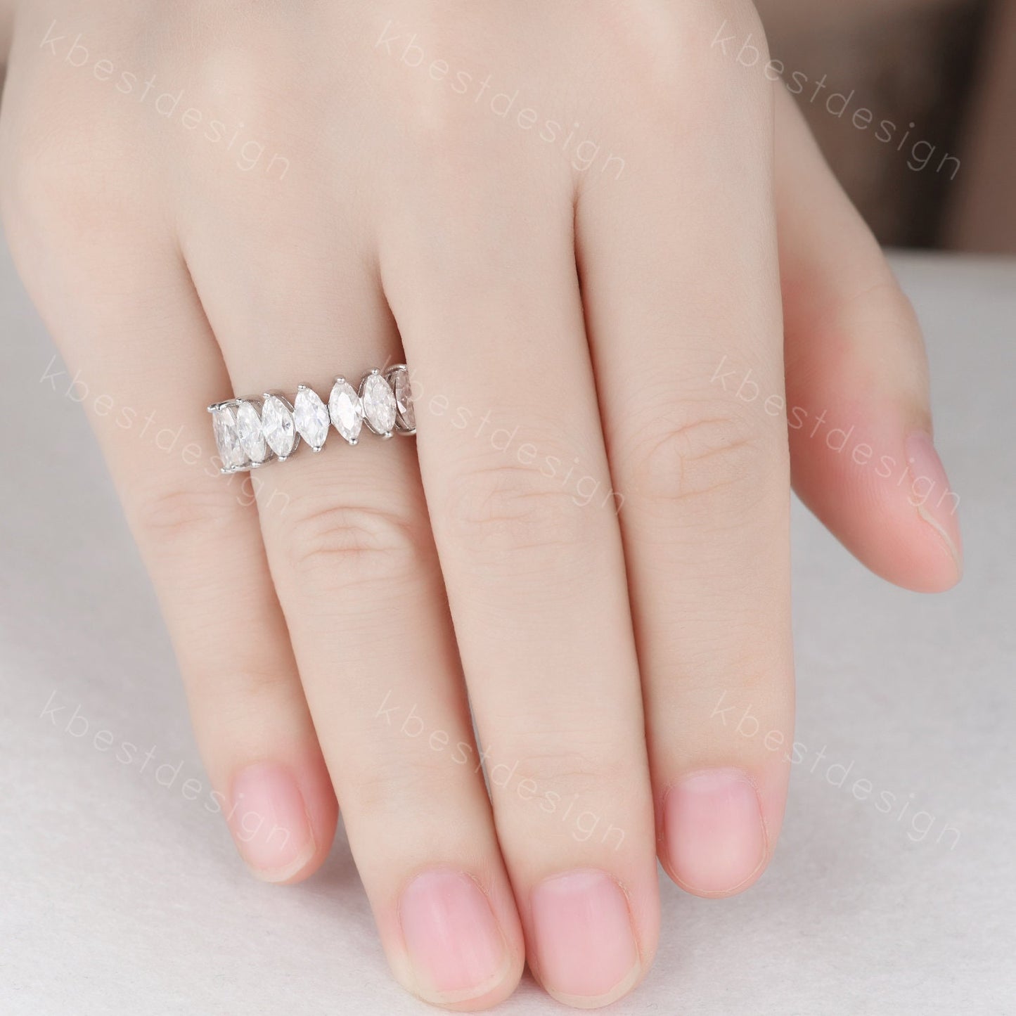 Vintage Moissanite wedding band women Marquise cut Half eternity band White gold wedding band unique Stacking bridal ring promise ring