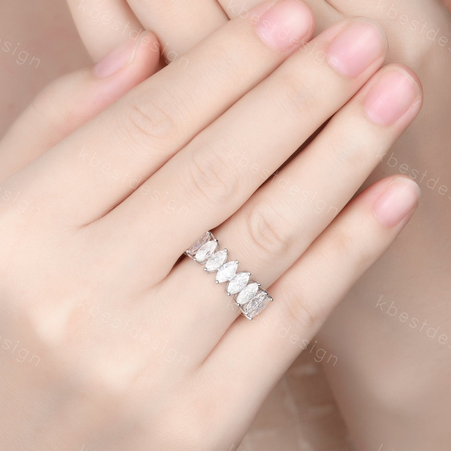 Vintage Moissanite wedding band women Marquise cut Half eternity band White gold wedding band unique Stacking bridal ring promise ring