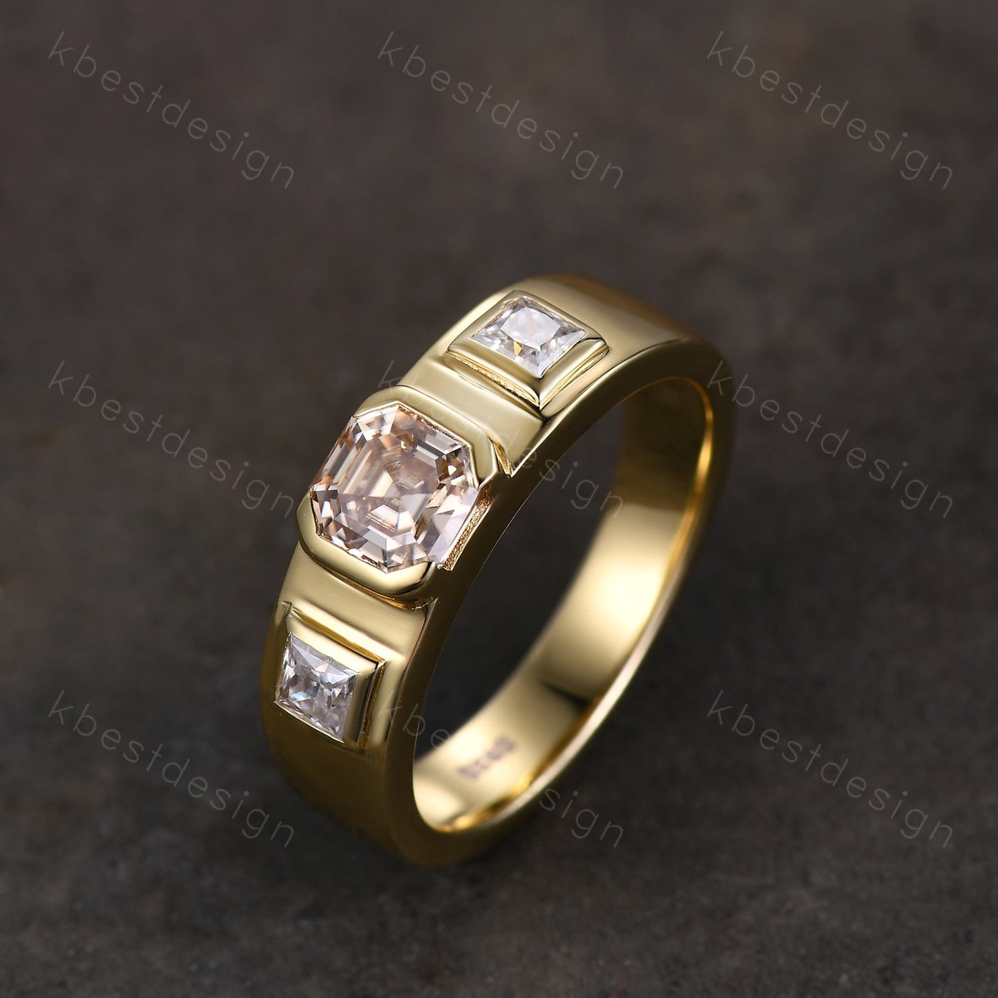 Mens Asscher Cut Champagne Moissanite Ring, 14K Yellow Gold Asscher Cut Ring, Three Stone Moissanite Engagement Ring, Bezel set Mens Band