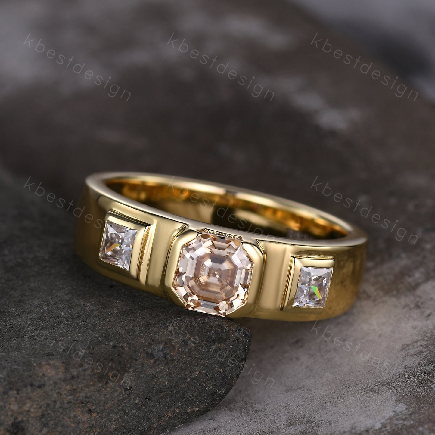 Mens Asscher Cut Champagne Moissanite Ring, 14K Yellow Gold Asscher Cut Ring, Three Stone Moissanite Engagement Ring, Bezel set Mens Band