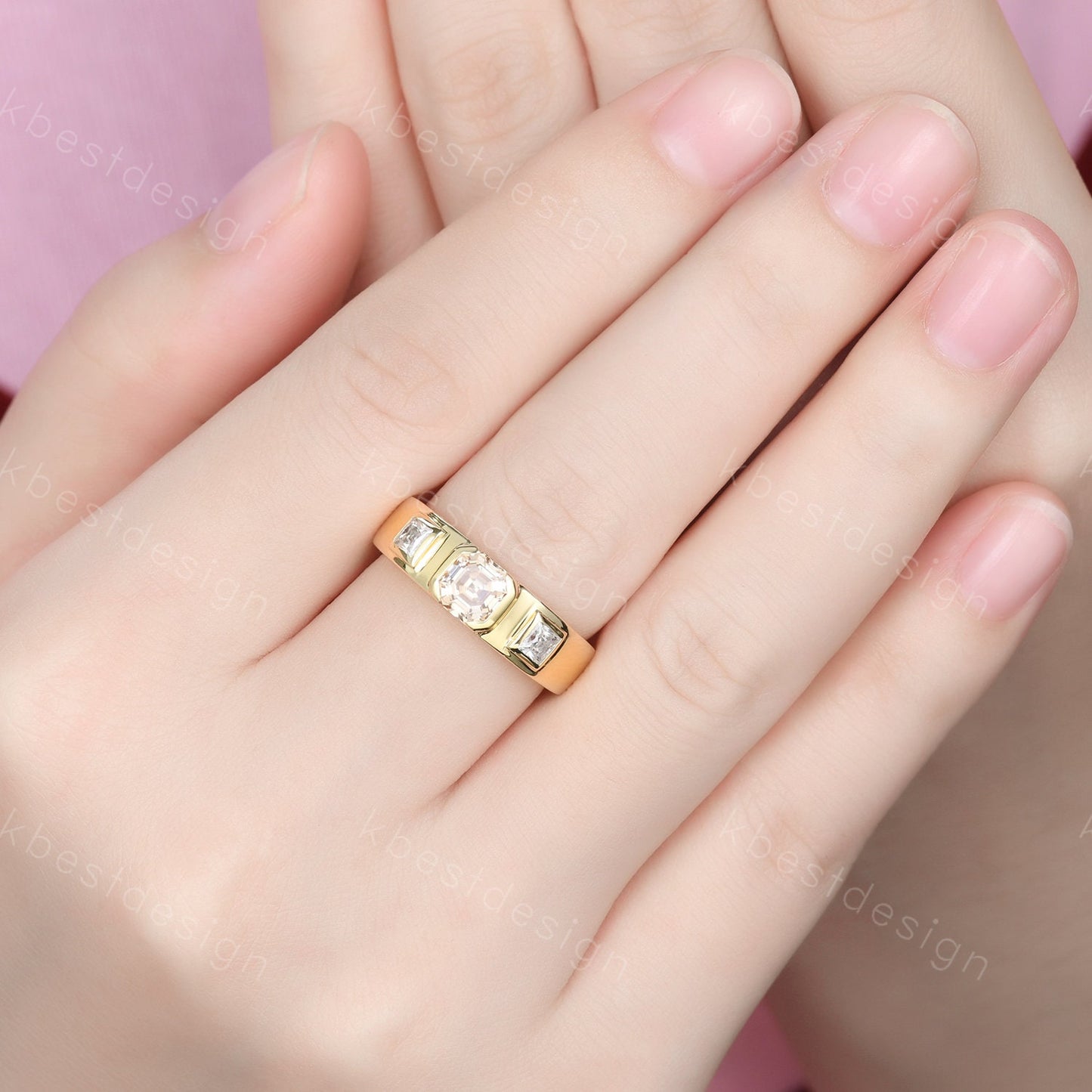 Mens Asscher Cut Champagne Moissanite Ring, 14K Yellow Gold Asscher Cut Ring, Three Stone Moissanite Engagement Ring, Bezel set Mens Band