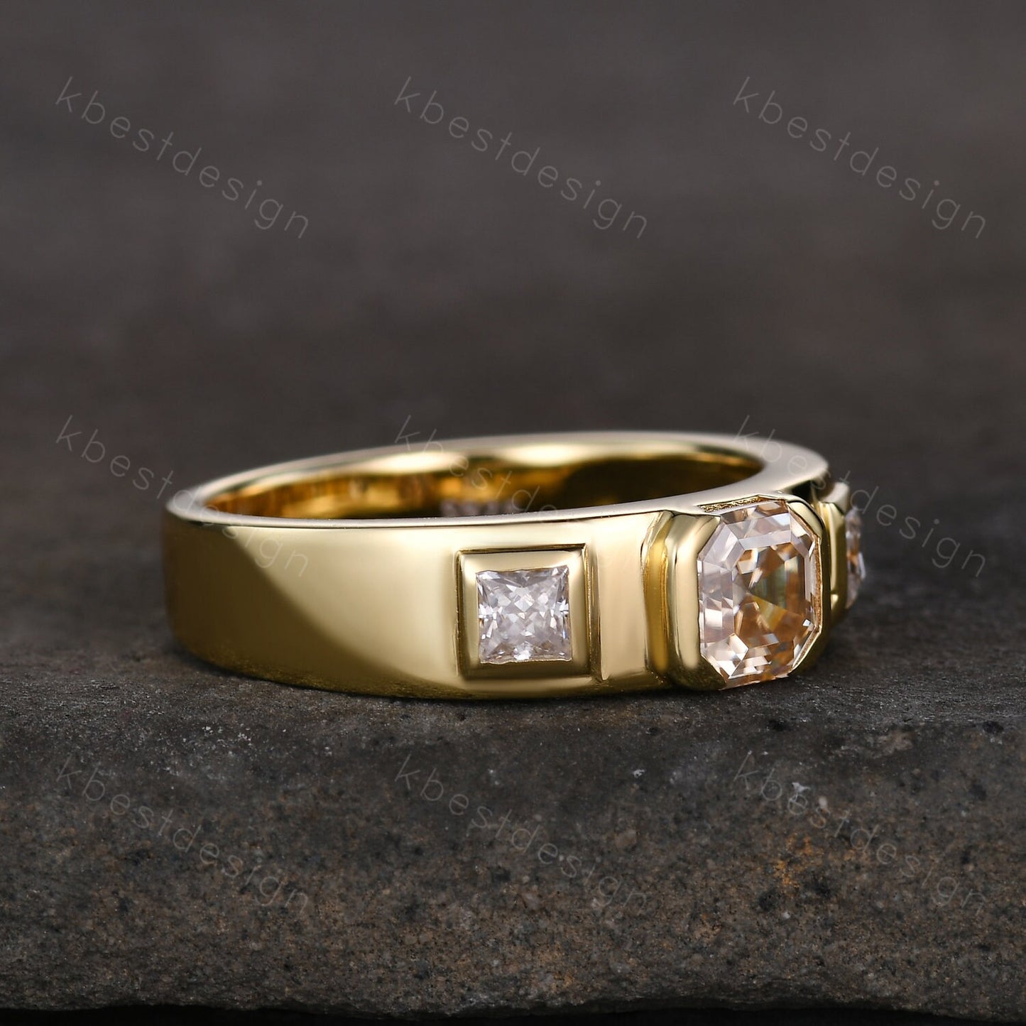 Mens Asscher Cut Champagne Moissanite Ring, 14K Yellow Gold Asscher Cut Ring, Three Stone Moissanite Engagement Ring, Bezel set Mens Band
