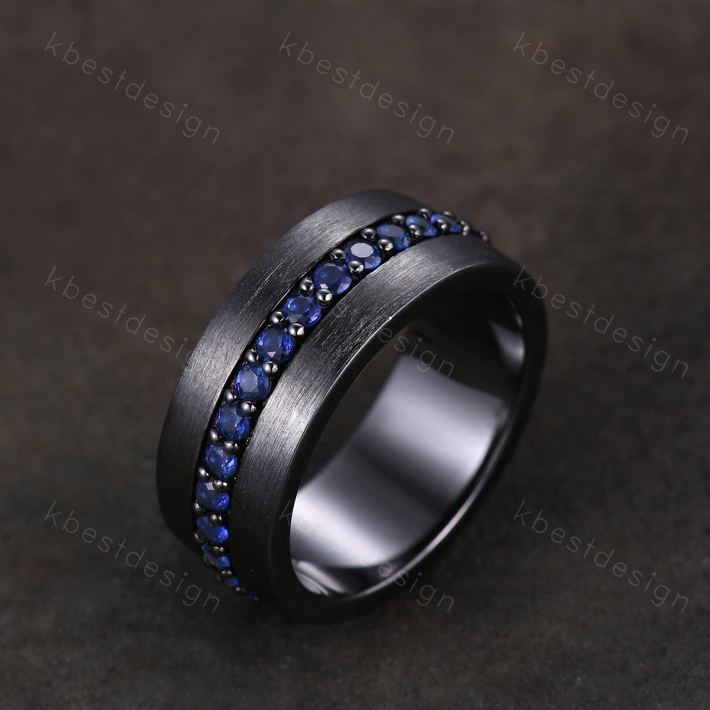 Mens Blue Sapphire Wedding Band in Black Gold, 8mm Comfort Fit Sapphire Wedding Band, September Birthstone, Anniversary Gift for Him