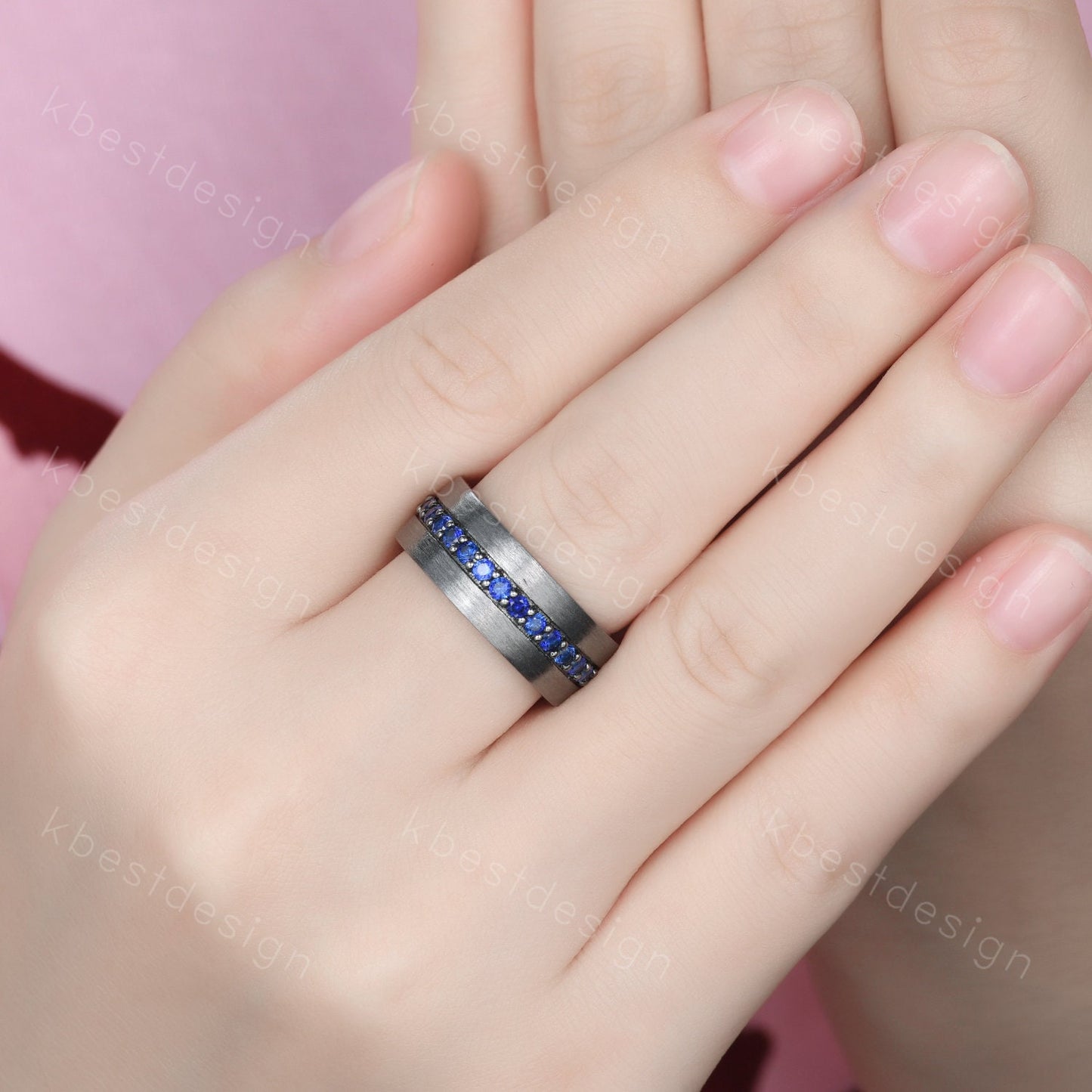 Mens Blue Sapphire Wedding Band in Black Gold, 8mm Comfort Fit Sapphire Wedding Band, September Birthstone, Anniversary Gift for Him