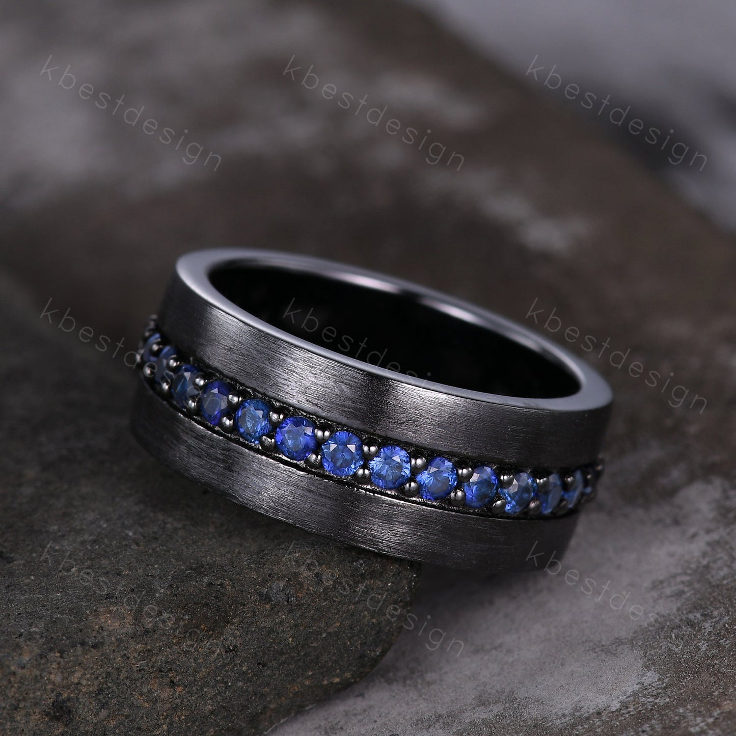 Mens Blue Sapphire Wedding Band in Black Gold, 8mm Comfort Fit Sapphire Wedding Band, September Birthstone, Anniversary Gift for Him