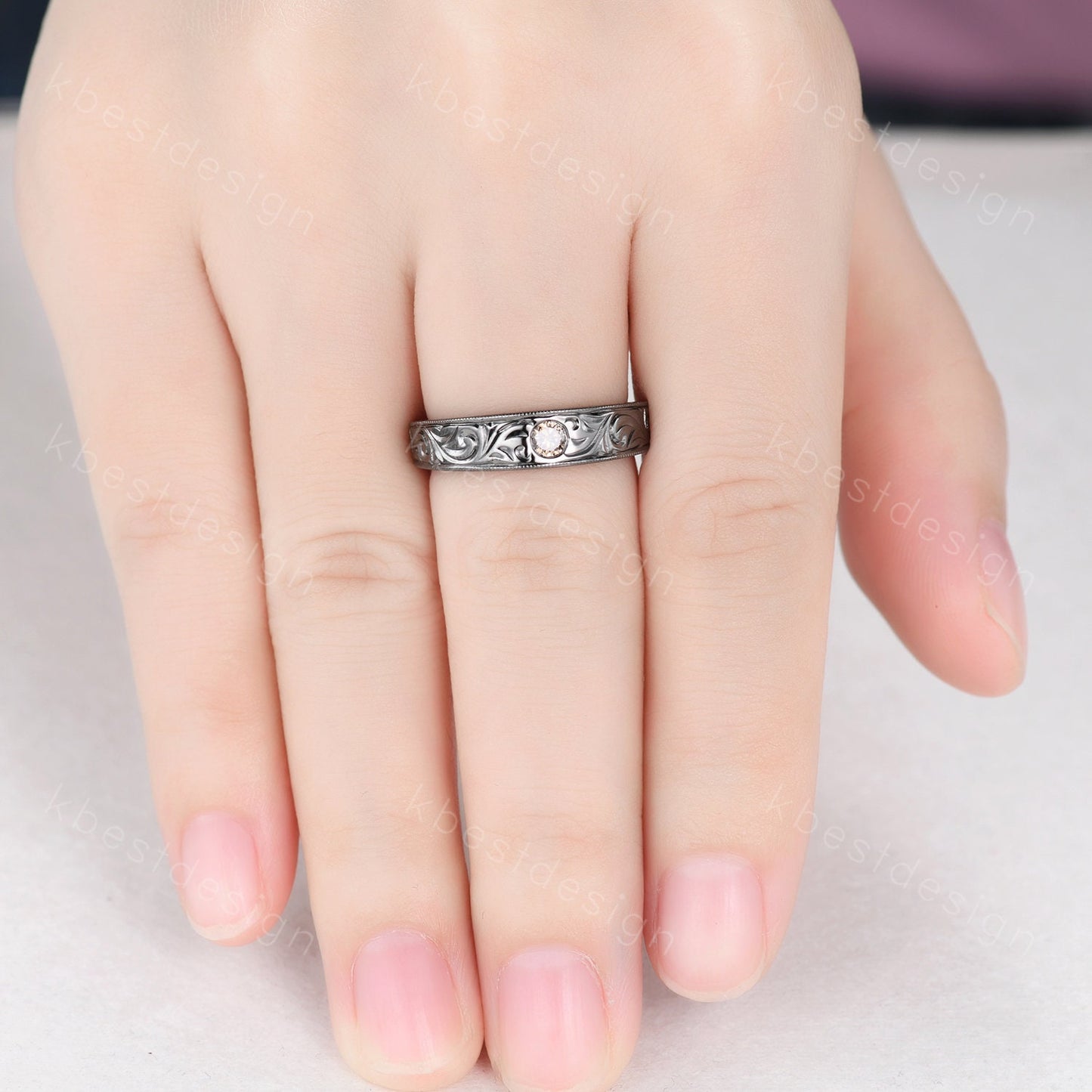 Mens Champagne Moissanite Wedding Band Antique Filigree Black Gold Wedding Band Vintage Mens Stacking Band Unique His Wedding Ring