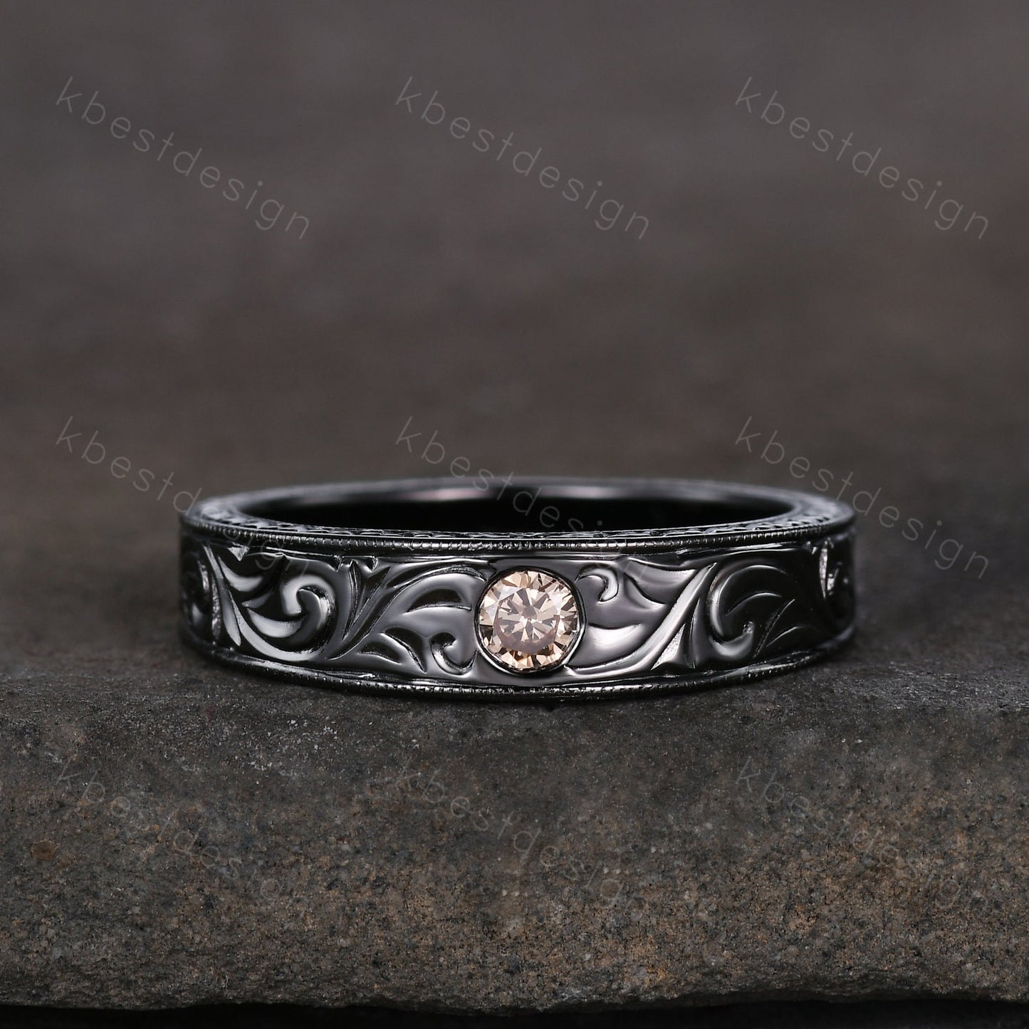 Mens Champagne Moissanite Wedding Band Antique Filigree Black Gold Wedding Band Vintage Mens Stacking Band Unique His Wedding Ring