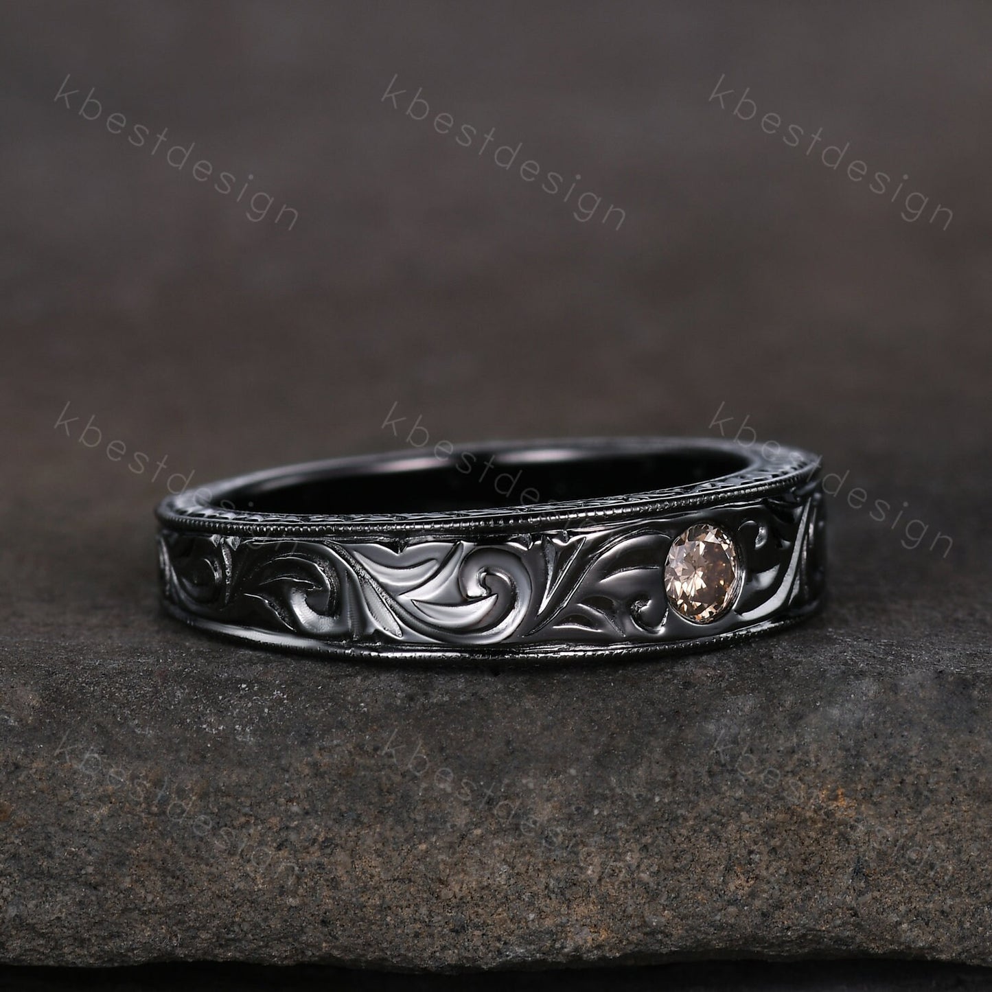 Mens Champagne Moissanite Wedding Band Antique Filigree Black Gold Wedding Band Vintage Mens Stacking Band Unique His Wedding Ring