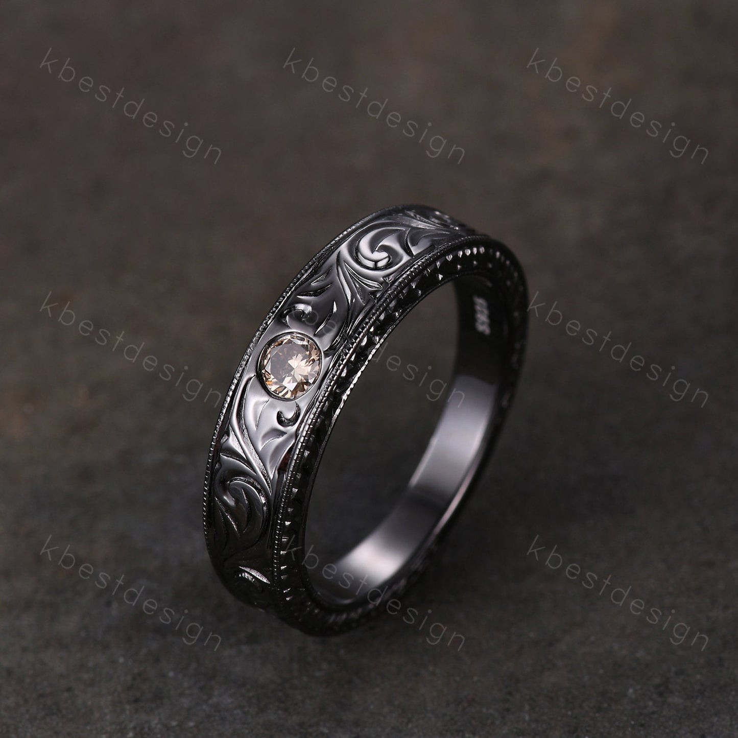 Mens Champagne Moissanite Wedding Band Antique Filigree Black Gold Wedding Band Vintage Mens Stacking Band Unique His Wedding Ring