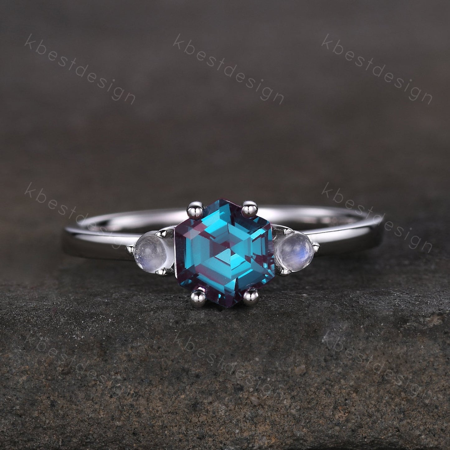 Vintage Alexandrite engagement ring hexagon cut ring rose gold moonstone wedding ring three stone engagement ring bridal promise ring