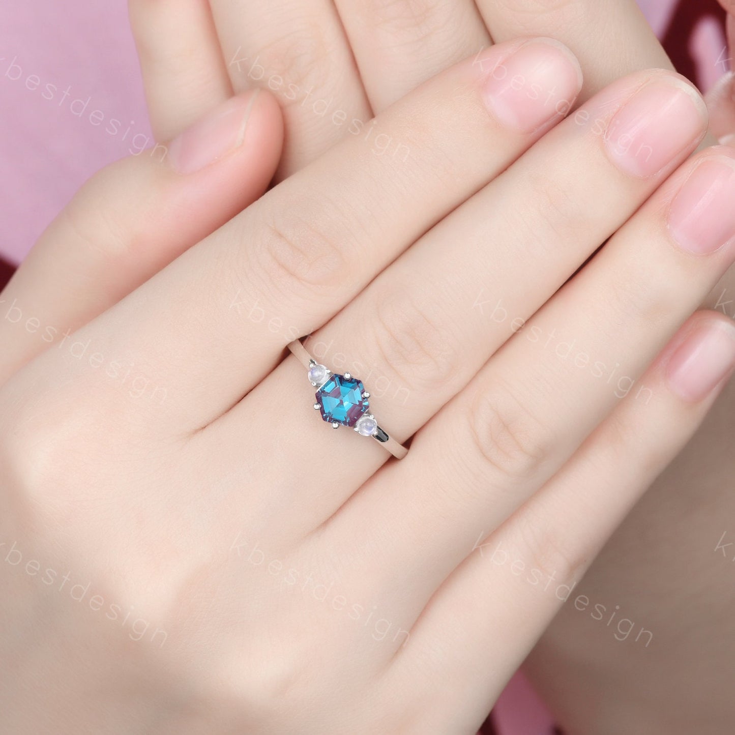 Vintage Alexandrite engagement ring hexagon cut ring rose gold moonstone wedding ring three stone engagement ring bridal promise ring
