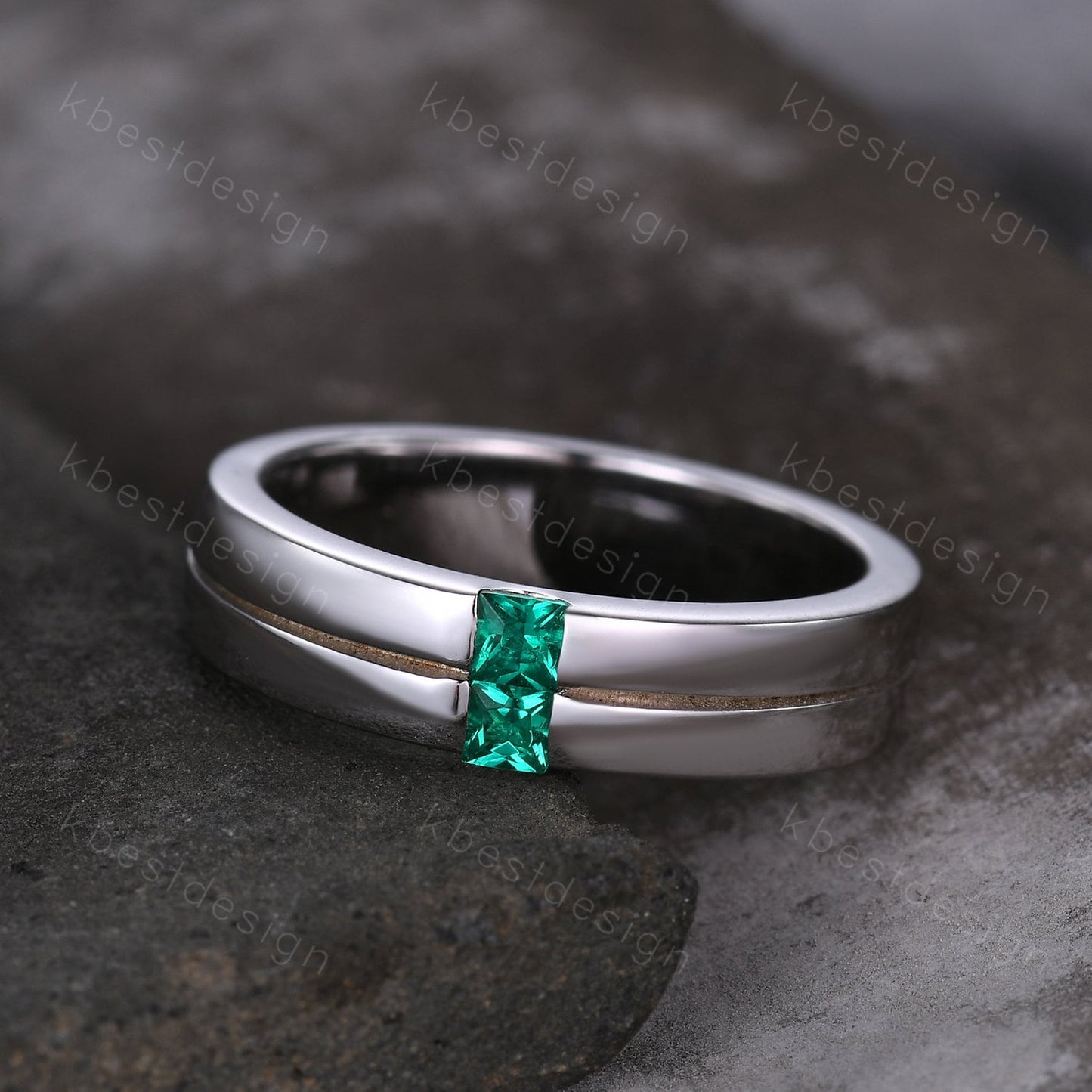 Mens Green Emerald Wedding Band, Princess Cut Double Green Emeralds Mens Wedding Band, Solid Gold 10k/14k/18k Wedding Ring