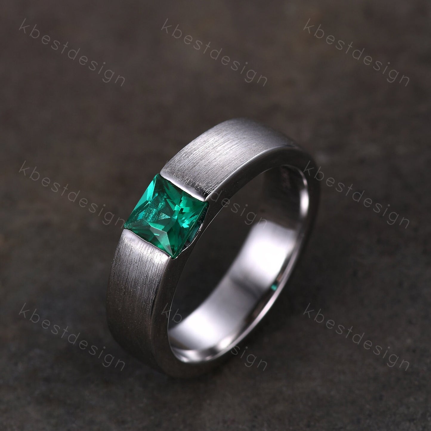 Mens Green Emerald Wedding Band, 5mm Princess Cut Green Emerald Mens Wedding Band, Solid Gold 10k/14k/18k Wedding Ring, His Wedding Band