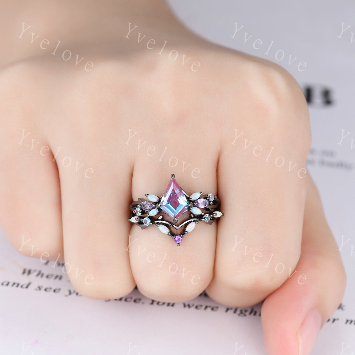 Vintage Kite Alexandrite Engagement Ring,Solid Gold,Vines Amethyst Opal Ring,Unique Matching Band Promise Bridal Stacking Ring Gift for her