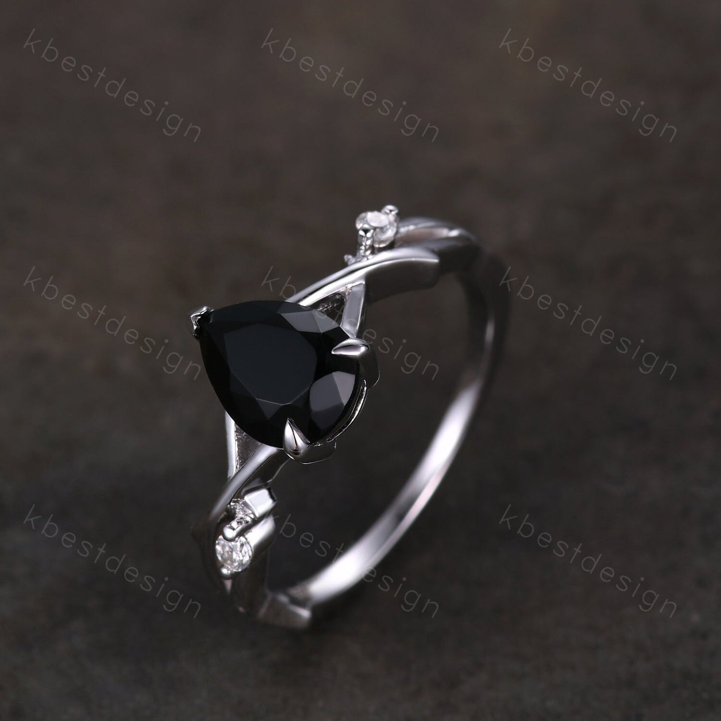 Twig Pear shaped black onyx ring silver vintage nature inspired unique black gemstone engagement ring antique bridal wedding ring for women