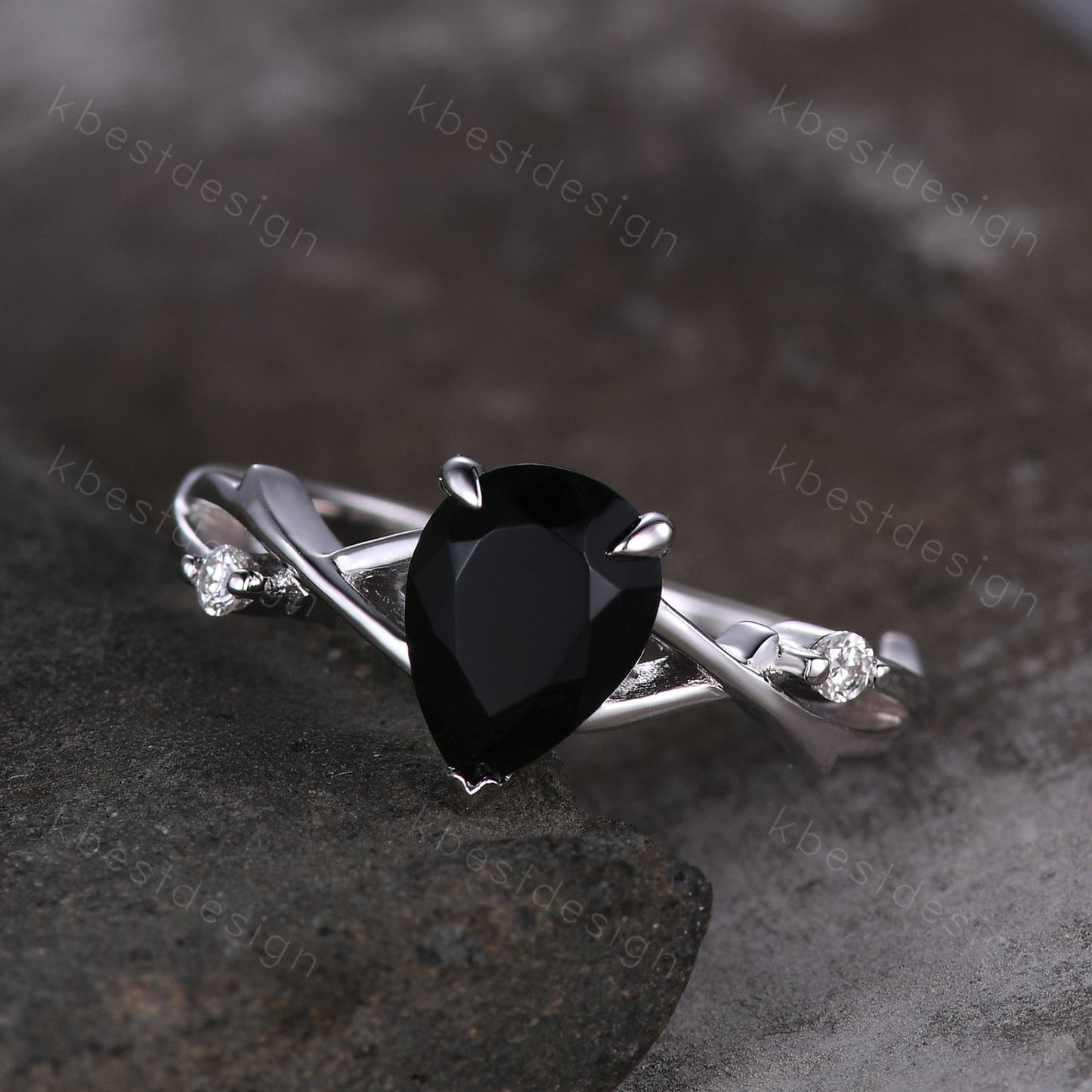 Twig Pear shaped black onyx ring silver vintage nature inspired unique black gemstone engagement ring antique bridal wedding ring for women