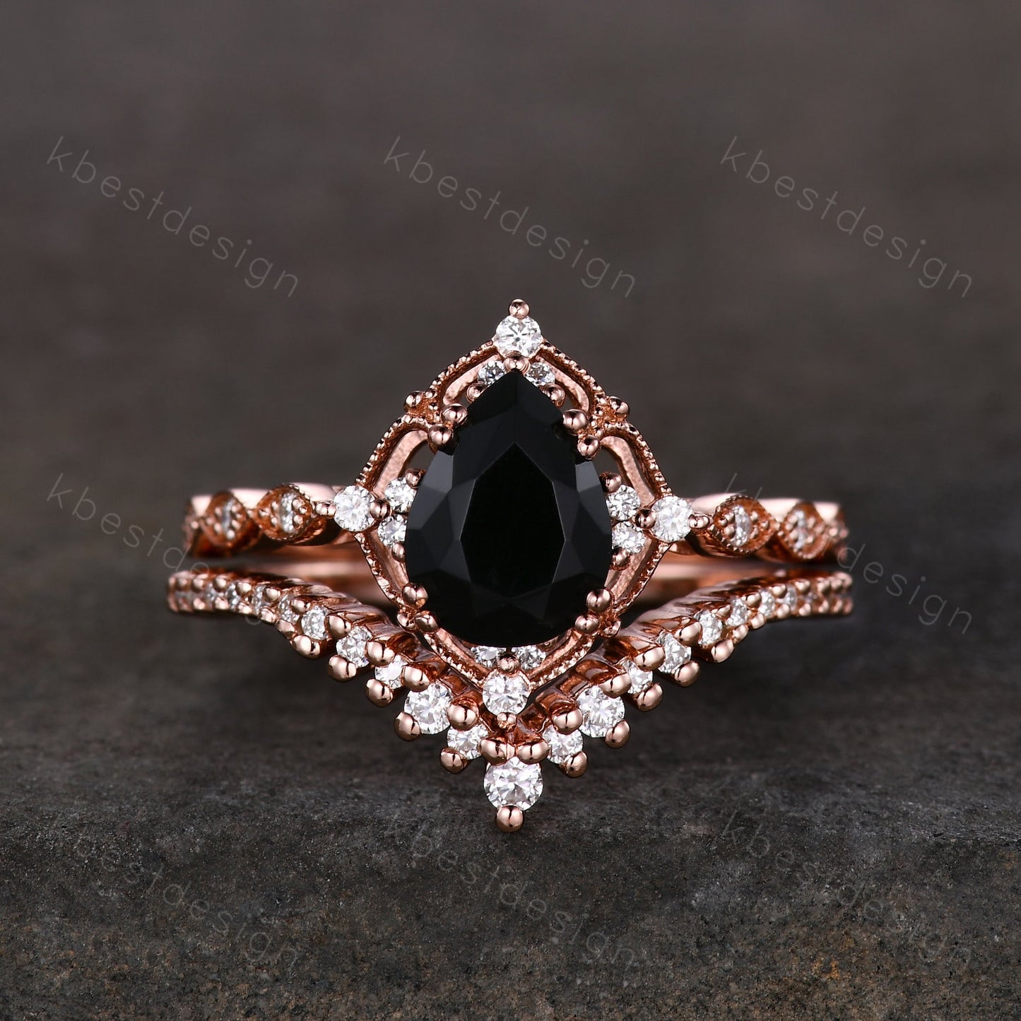 3PCS Vintage black onyx engagement ring rose gold ring art deco curved stacking band pear shaped bridal set unique moissanite wedding set
