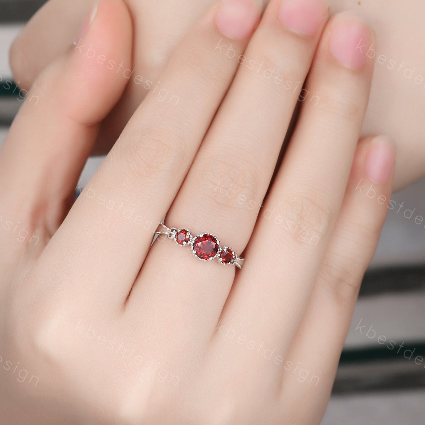 Garnet Ring Unique Round cut Garnet Engagement Ring Three Stone Ring Art Deco Wedding Ring January Birthstone Anniversary Ring for Women