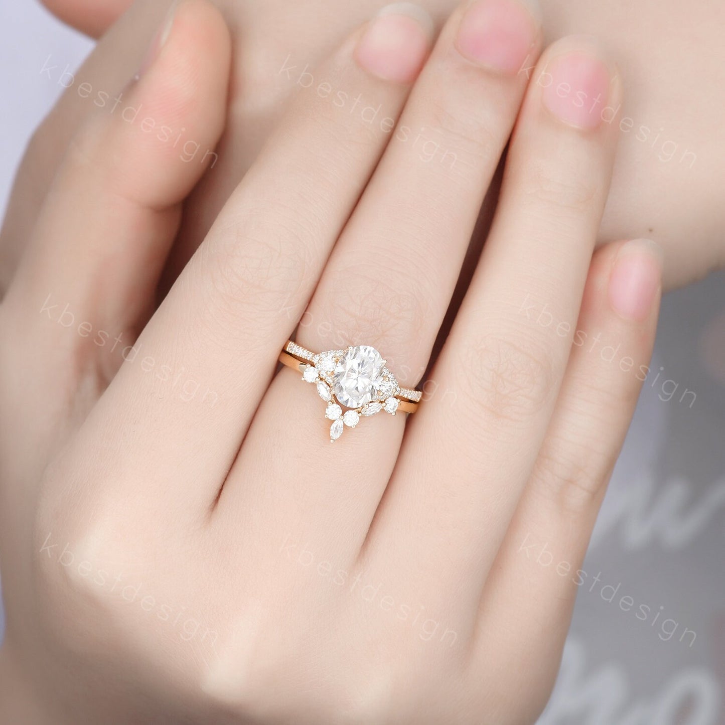 Vintage Moissanite engagement ring Yellow gold ring art deco curved stacking band Oval cut bridal set unique moissanite wedding ring set