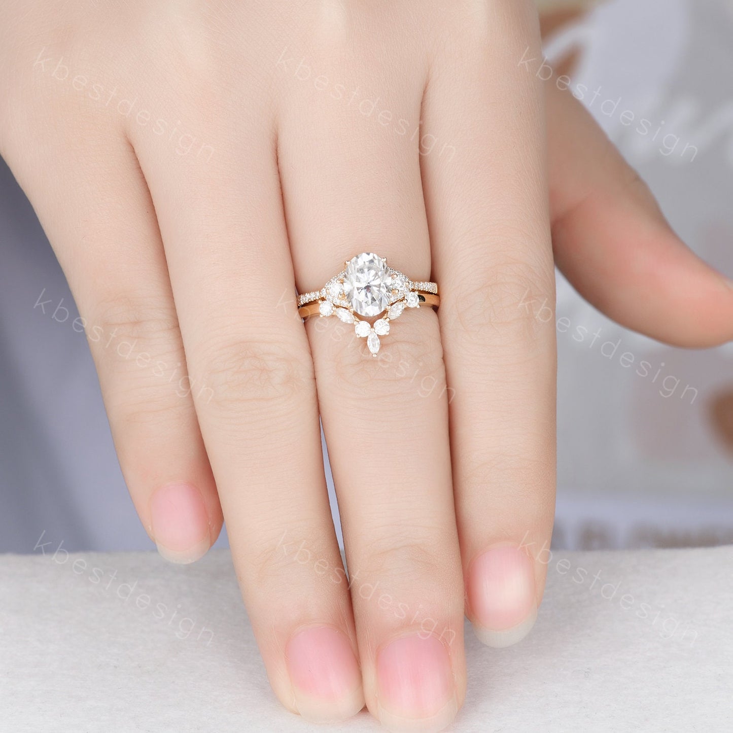 Vintage Moissanite engagement ring Yellow gold ring art deco curved stacking band Oval cut bridal set unique moissanite wedding ring set