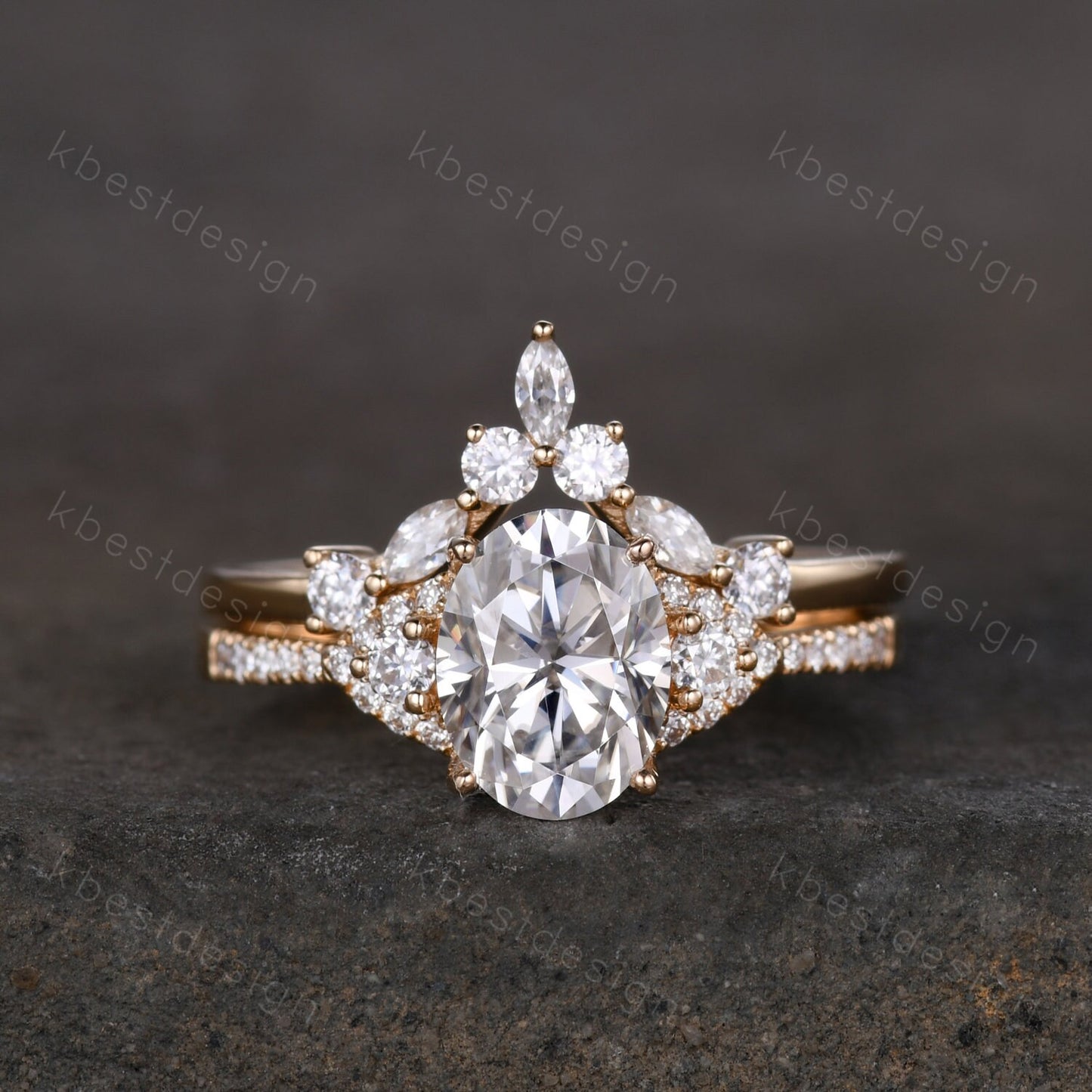 Vintage Moissanite engagement ring Yellow gold ring art deco curved stacking band Oval cut bridal set unique moissanite wedding ring set