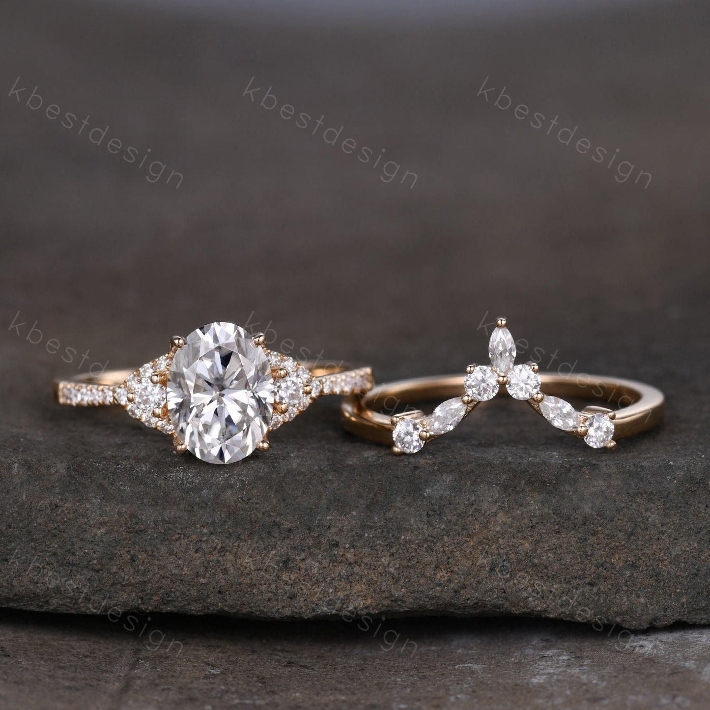 Vintage Moissanite engagement ring Yellow gold ring art deco curved stacking band Oval cut bridal set unique moissanite wedding ring set