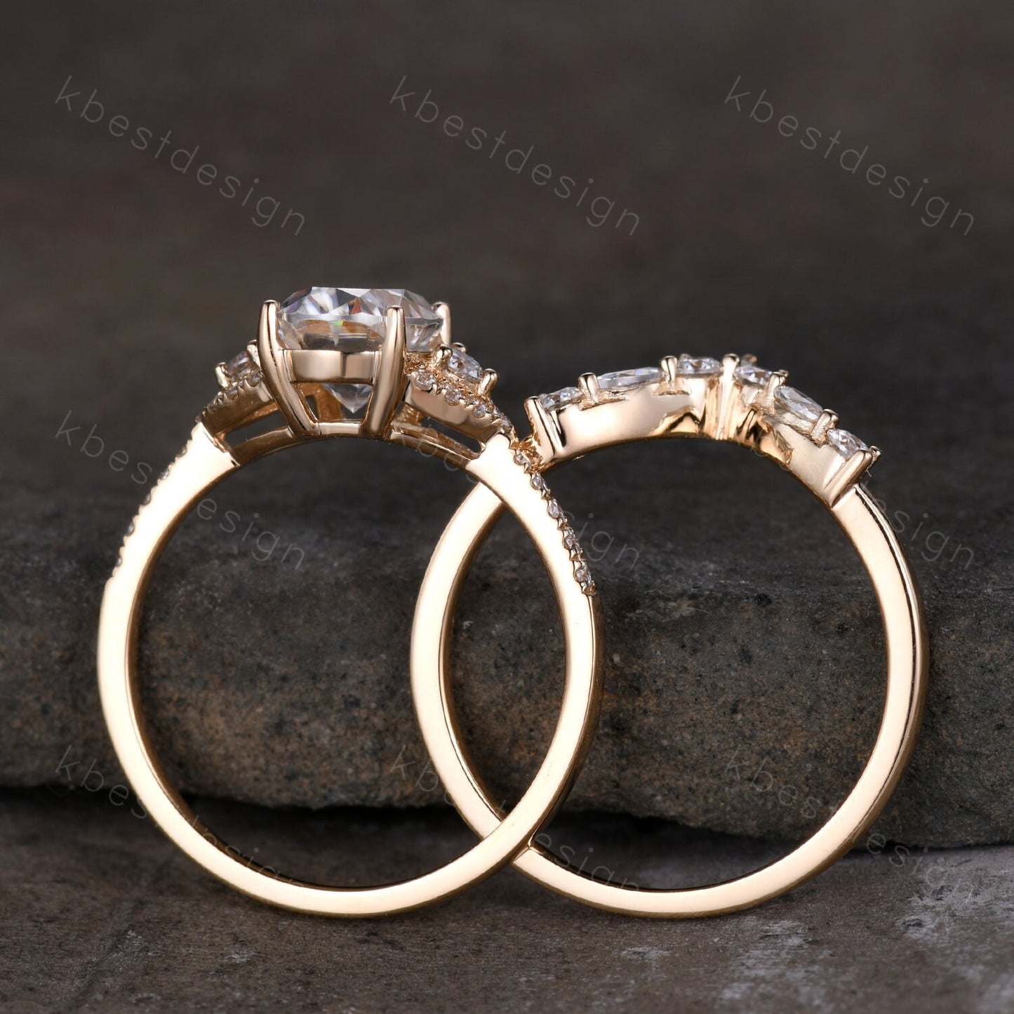 Vintage Moissanite engagement ring Yellow gold ring art deco curved stacking band Oval cut bridal set unique moissanite wedding ring set