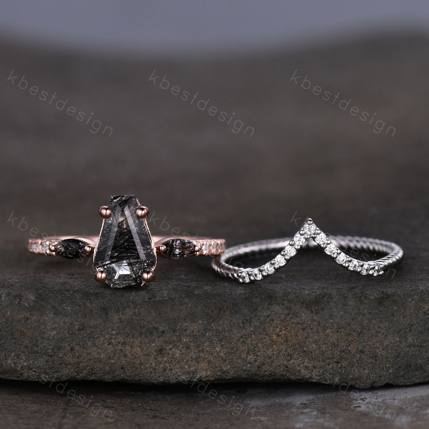 Coffin shaped black rutilated quartz engagement ring set unique curved Moissanite stacking band Rose gold vintage bridal wedding ring set