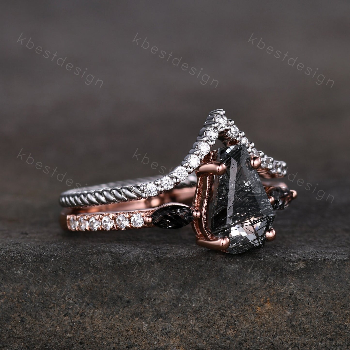 Coffin shaped black rutilated quartz engagement ring set unique curved Moissanite stacking band Rose gold vintage bridal wedding ring set