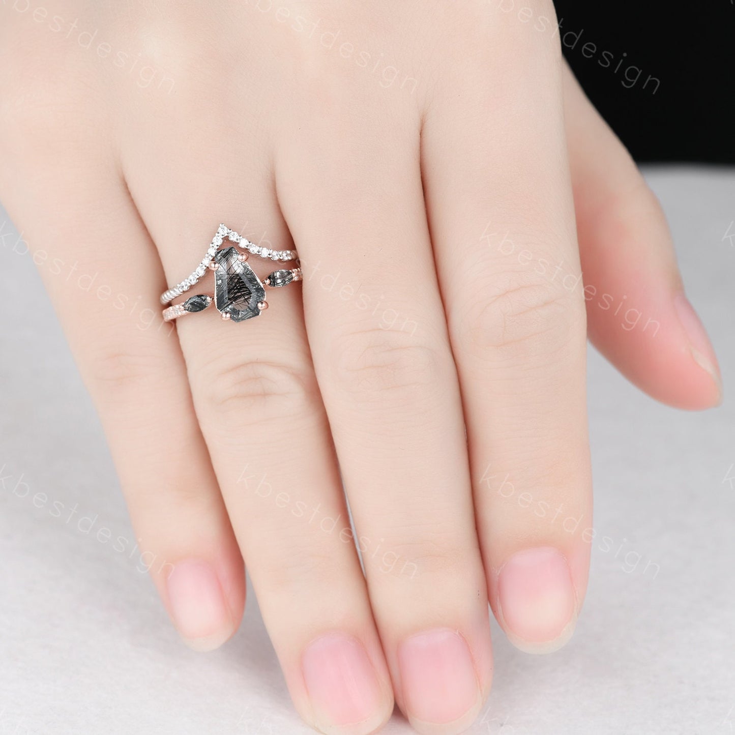 Coffin shaped black rutilated quartz engagement ring set unique curved Moissanite stacking band Rose gold vintage bridal wedding ring set