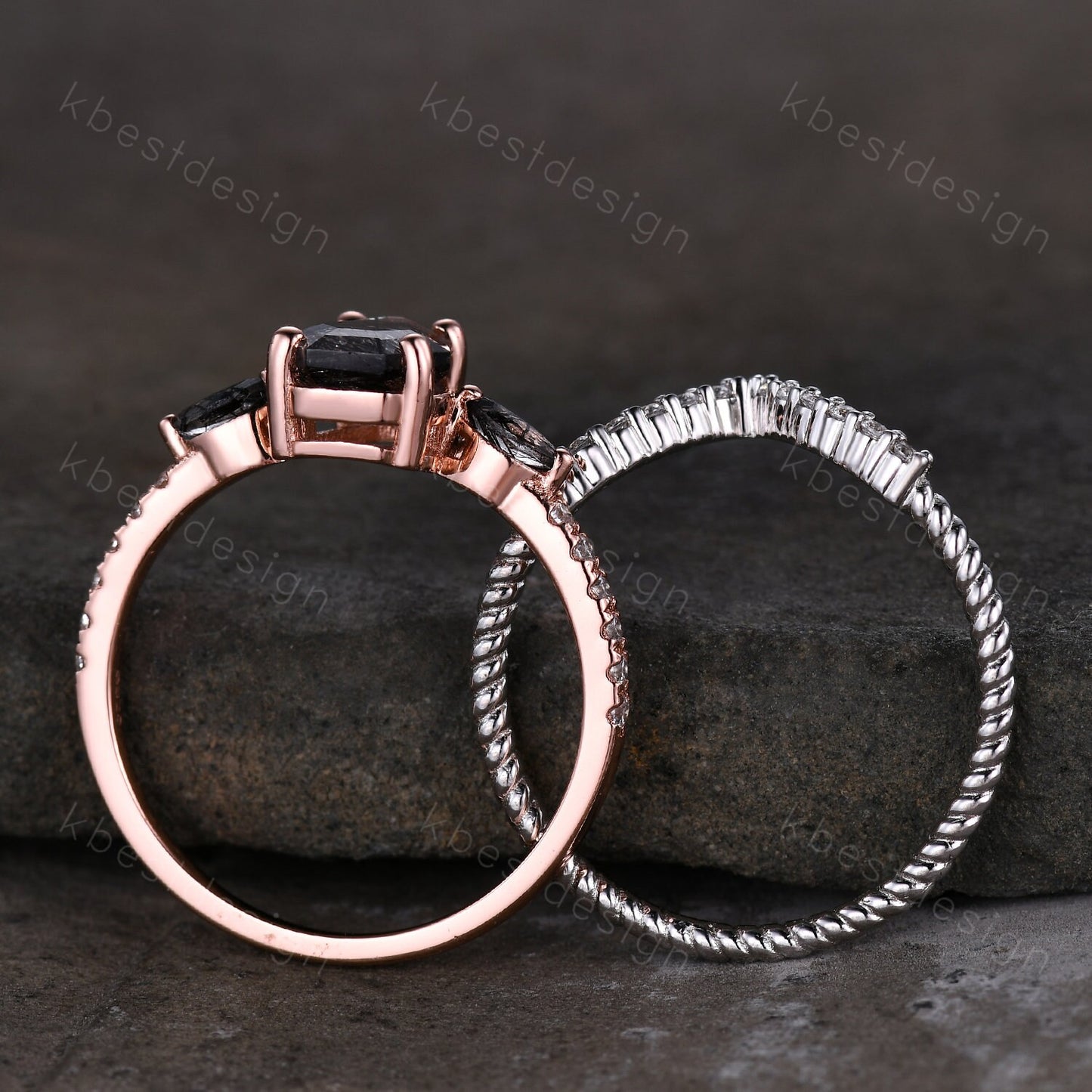 Coffin shaped black rutilated quartz engagement ring set unique curved Moissanite stacking band Rose gold vintage bridal wedding ring set