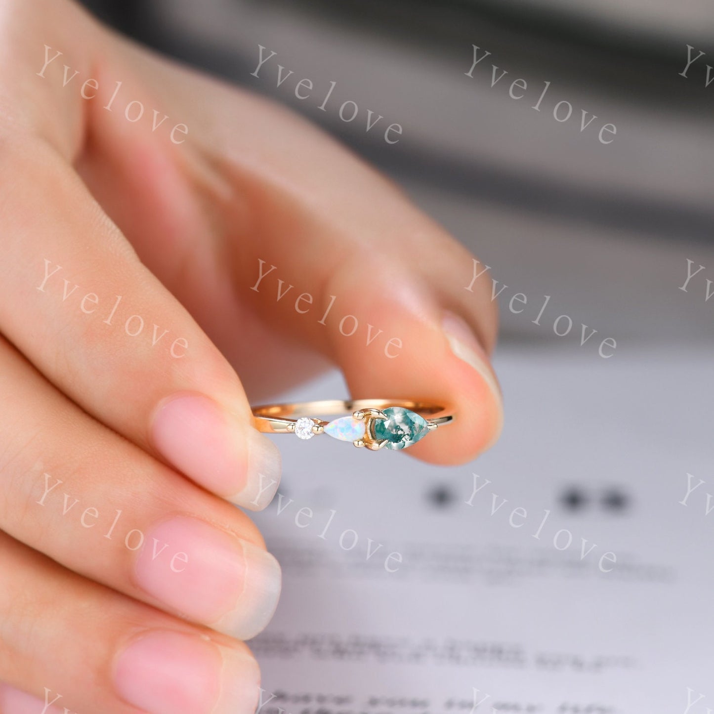 Custom Unique Moss Agate Opal Engagement Ring,Pear Cut Gems,Art Deco Moissanite Wedding Band,3 Stone Unique Women Bridal Promise Ring