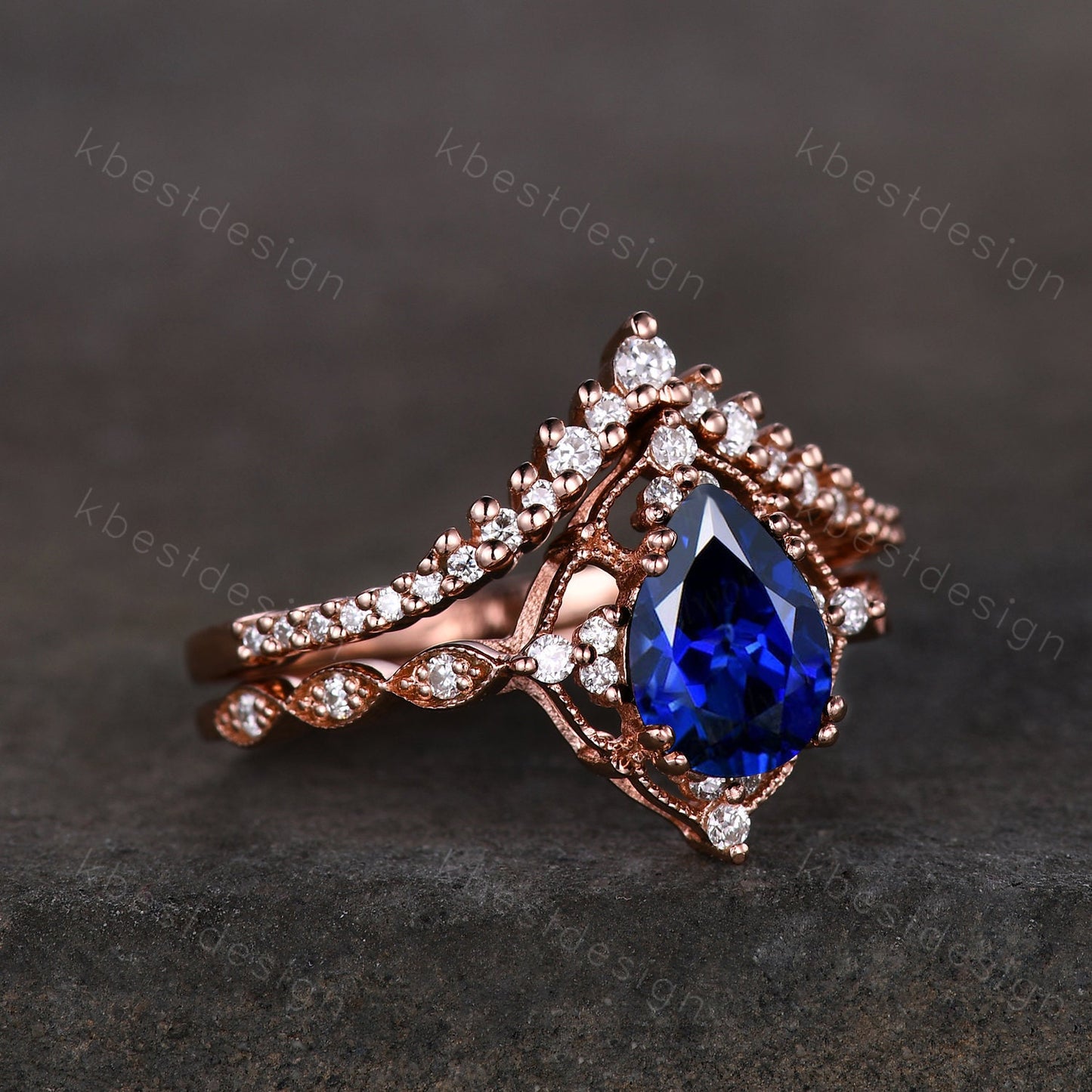 Vintage blue sapphire engagement ring set rose gold ring art deco curved stacking band pear shaped bridal set unique moissanite wedding set