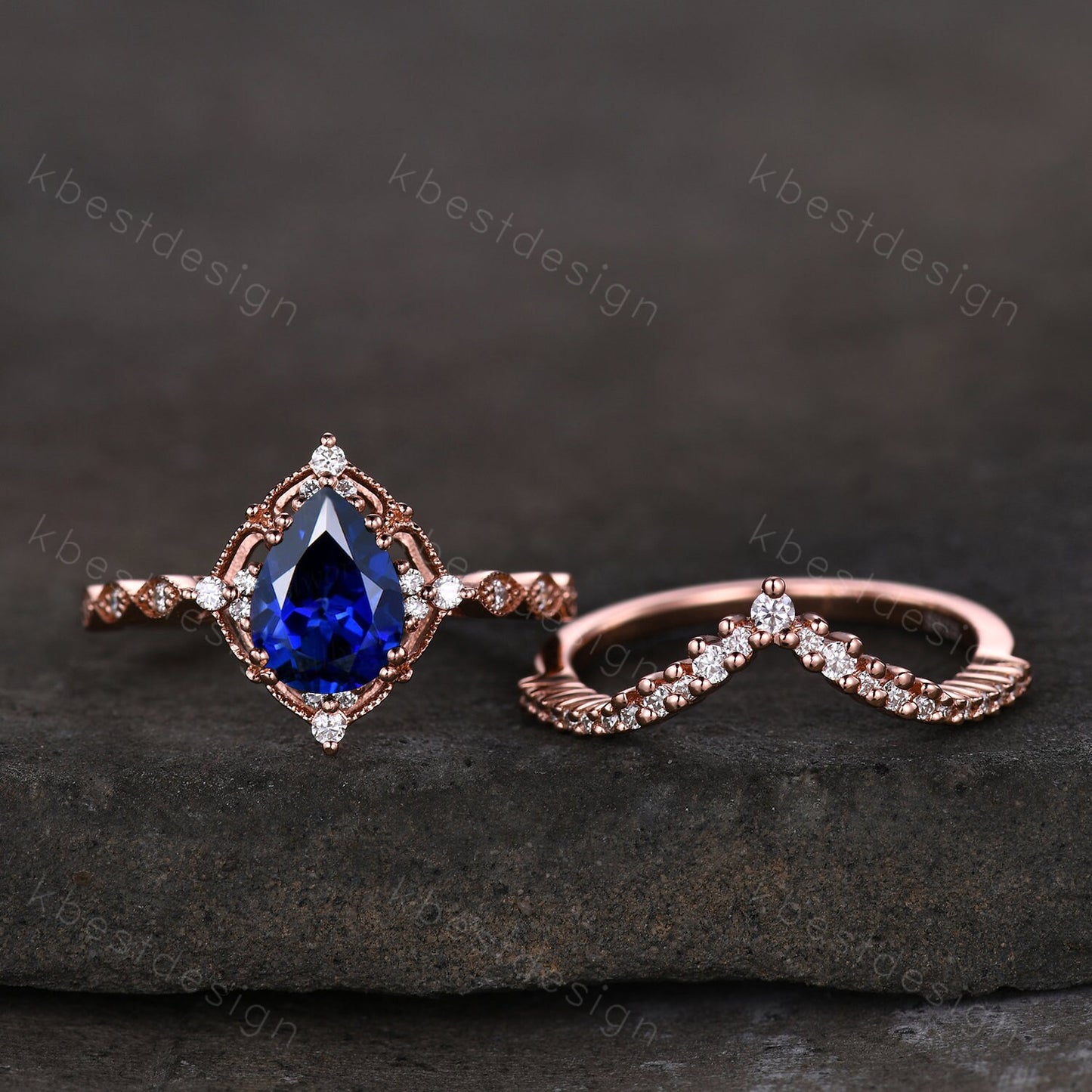 Vintage blue sapphire engagement ring set rose gold ring art deco curved stacking band pear shaped bridal set unique moissanite wedding set
